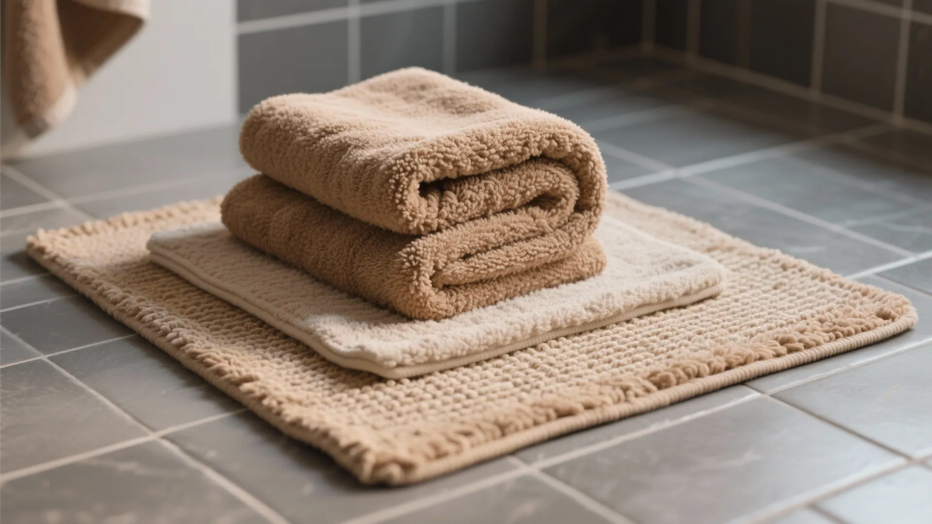 Layered warm neutral towels and rugs on grey tile showing fiber texture.