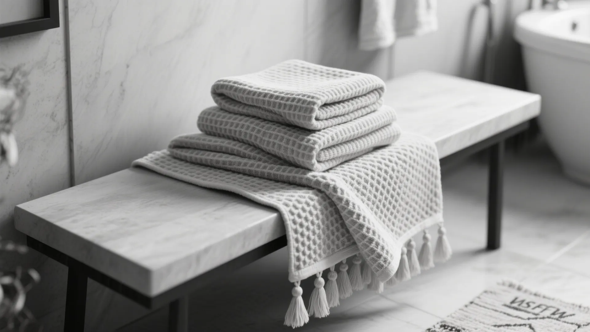 Stacked white textured towels on a marble bench in a bright bathroom with a bathtub