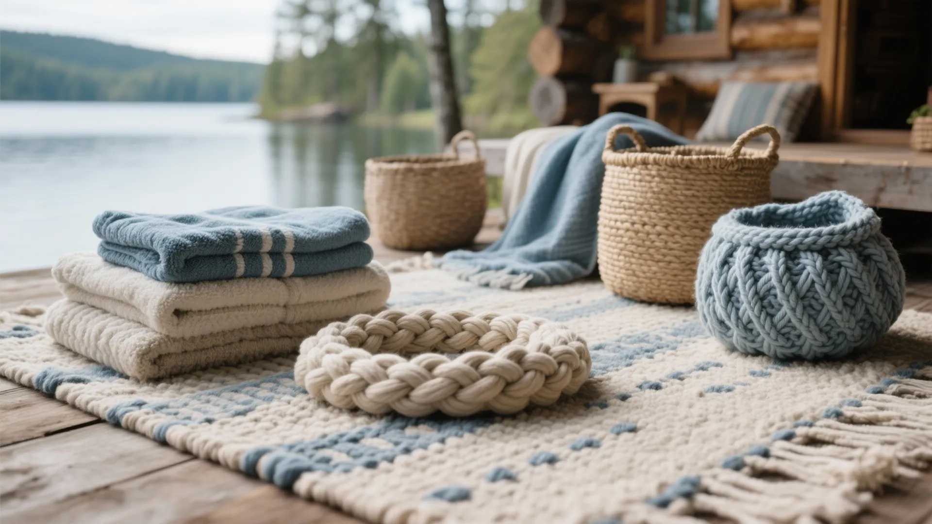 Folded blue and white towels on textured rug with woven baskets by a calm lake