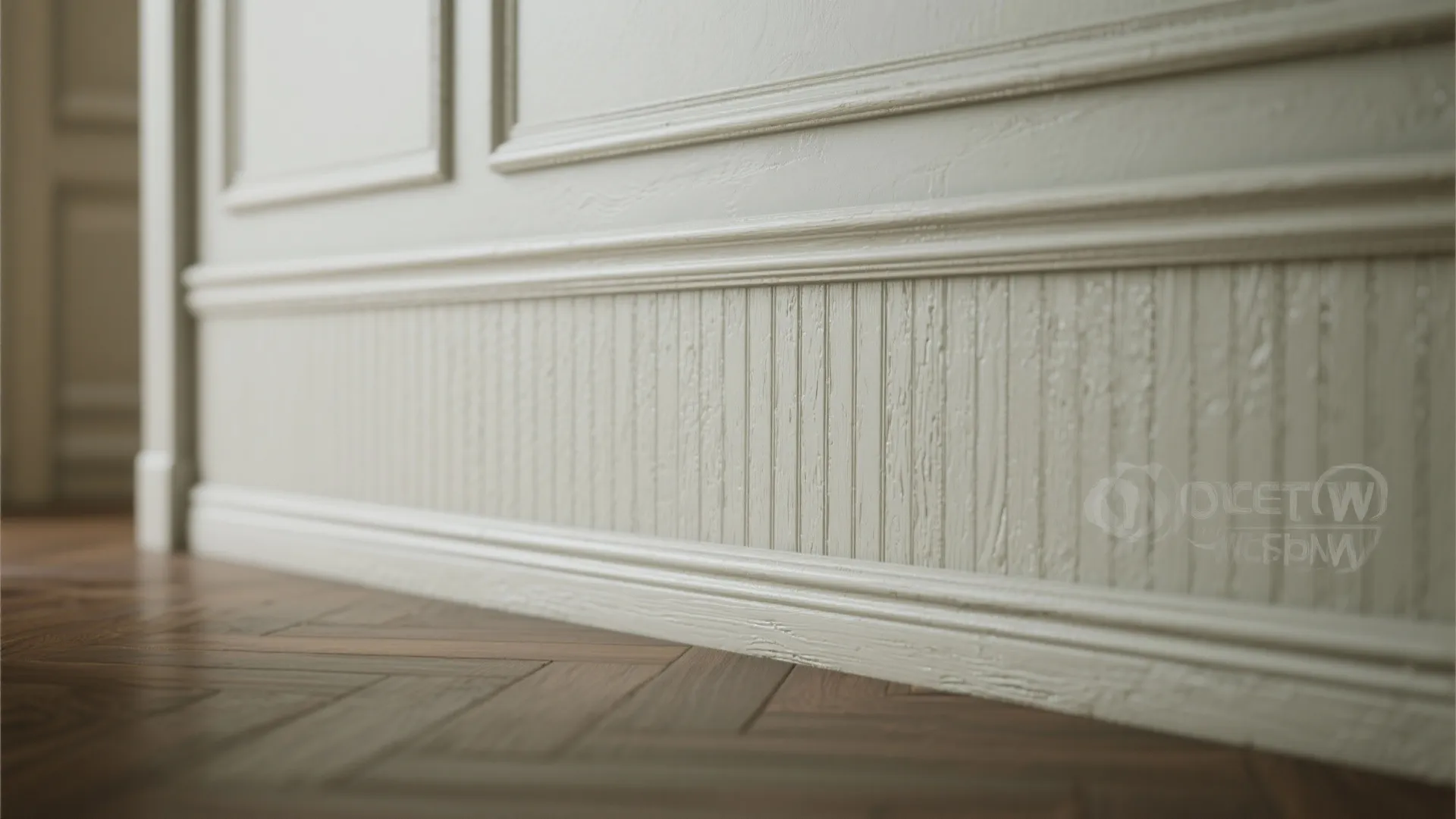 White wall panel with vertical lines and horizontal trim above dark brown wood herringbone floor