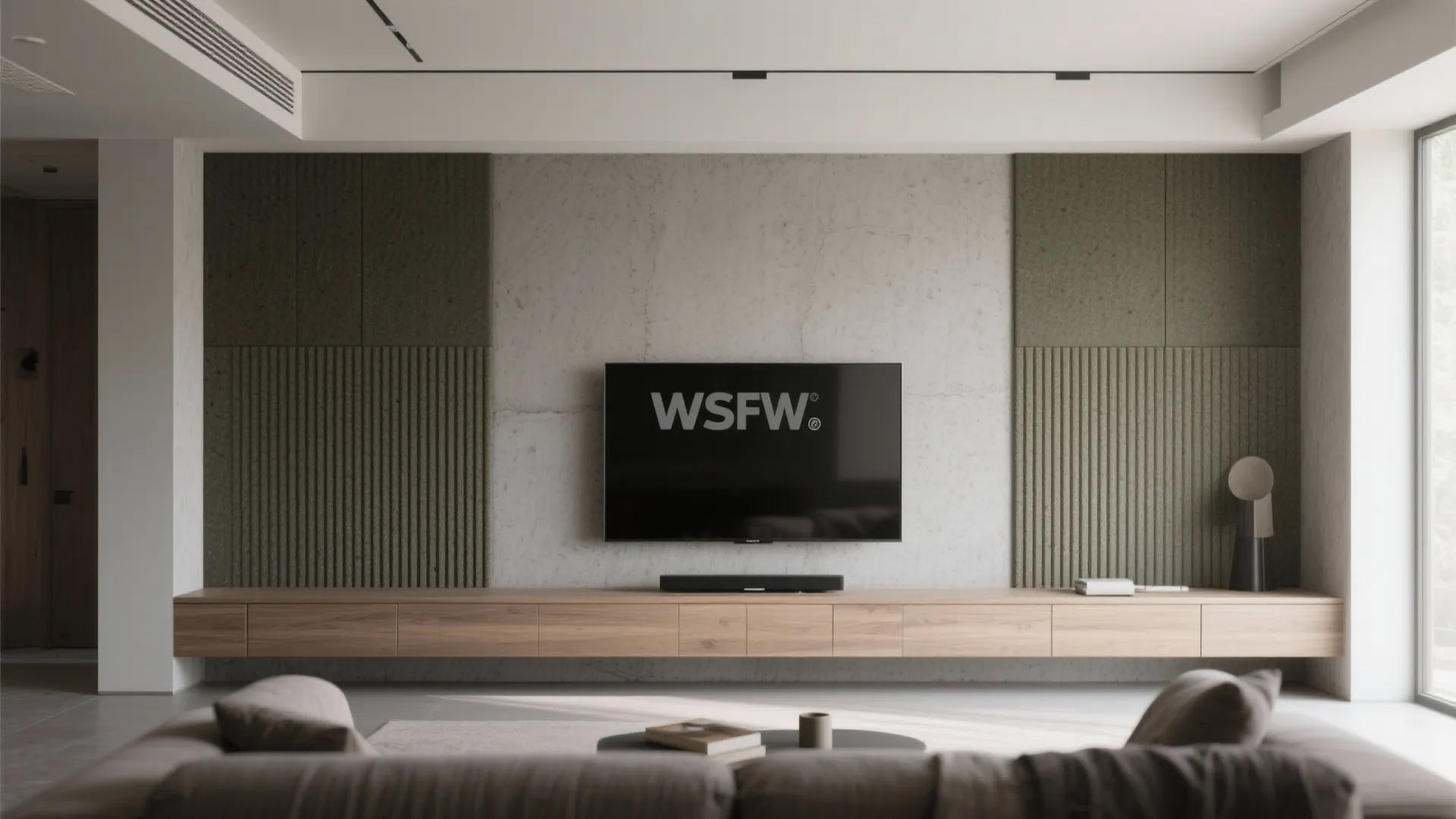 Minimalist living room featuring a concrete wall with green wall panels and long wooden cabinet