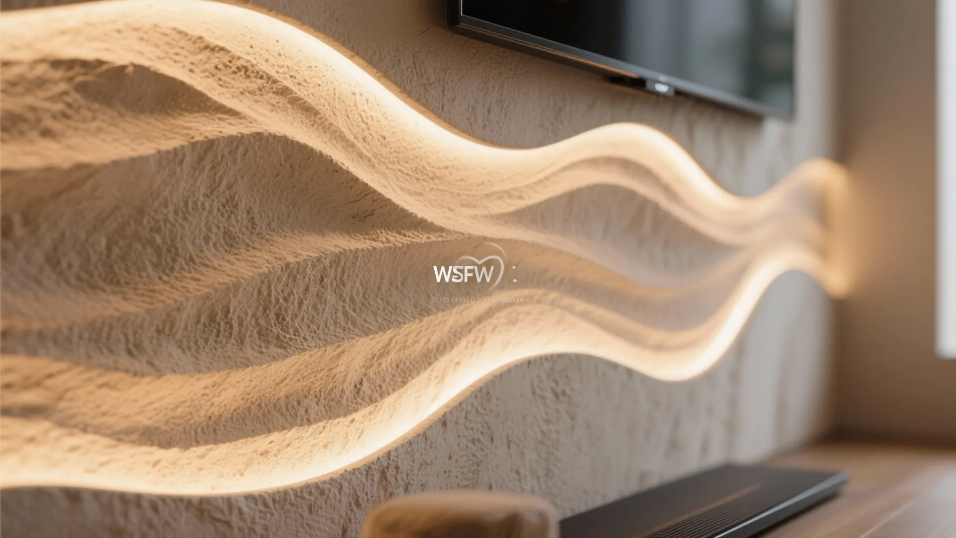 Close up of textured stone wall panel with wavy light fixture detail under a hanging television