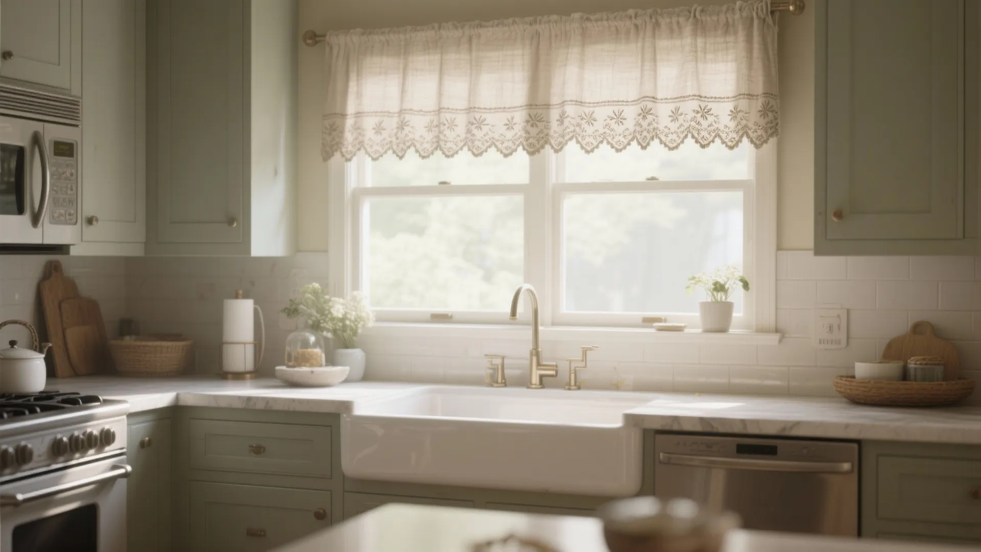 Sage green kitchen cabinets with white farmhouse sink and a decorative light brown window curtain