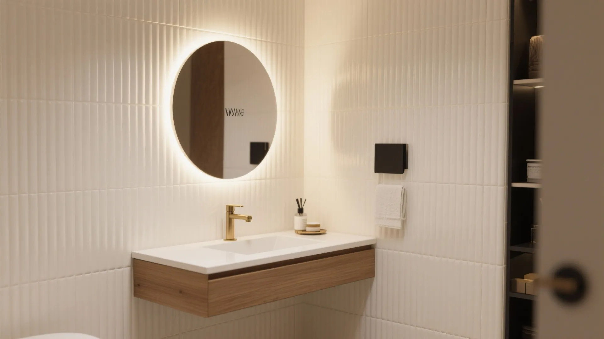 Vanity feature wall with ribbed 3D digital tiles in warm white, softly grazed by warm light above a floating oak vanity.