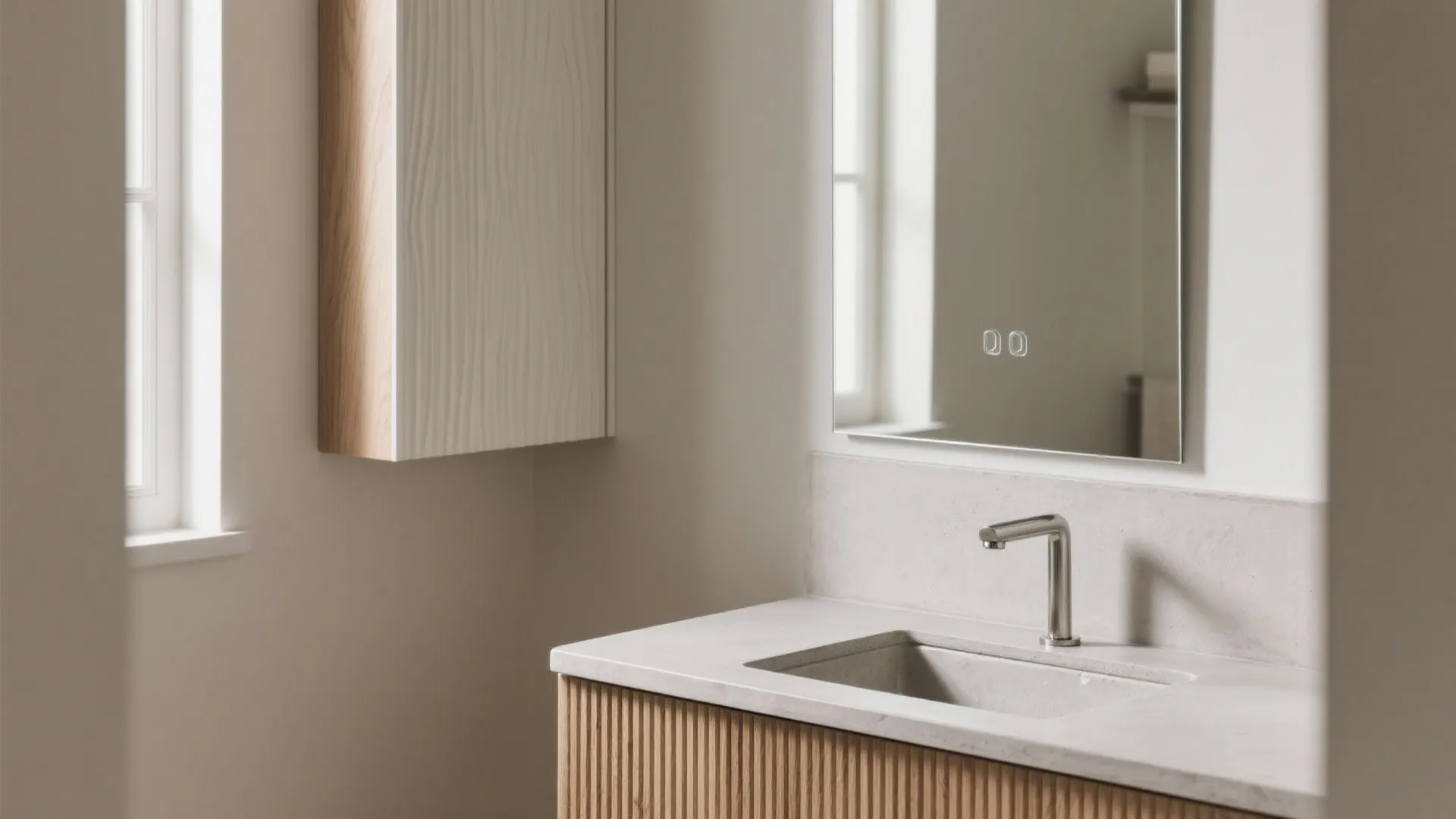 Textured finishes: microcement, fluted fronts, and warm wood accents