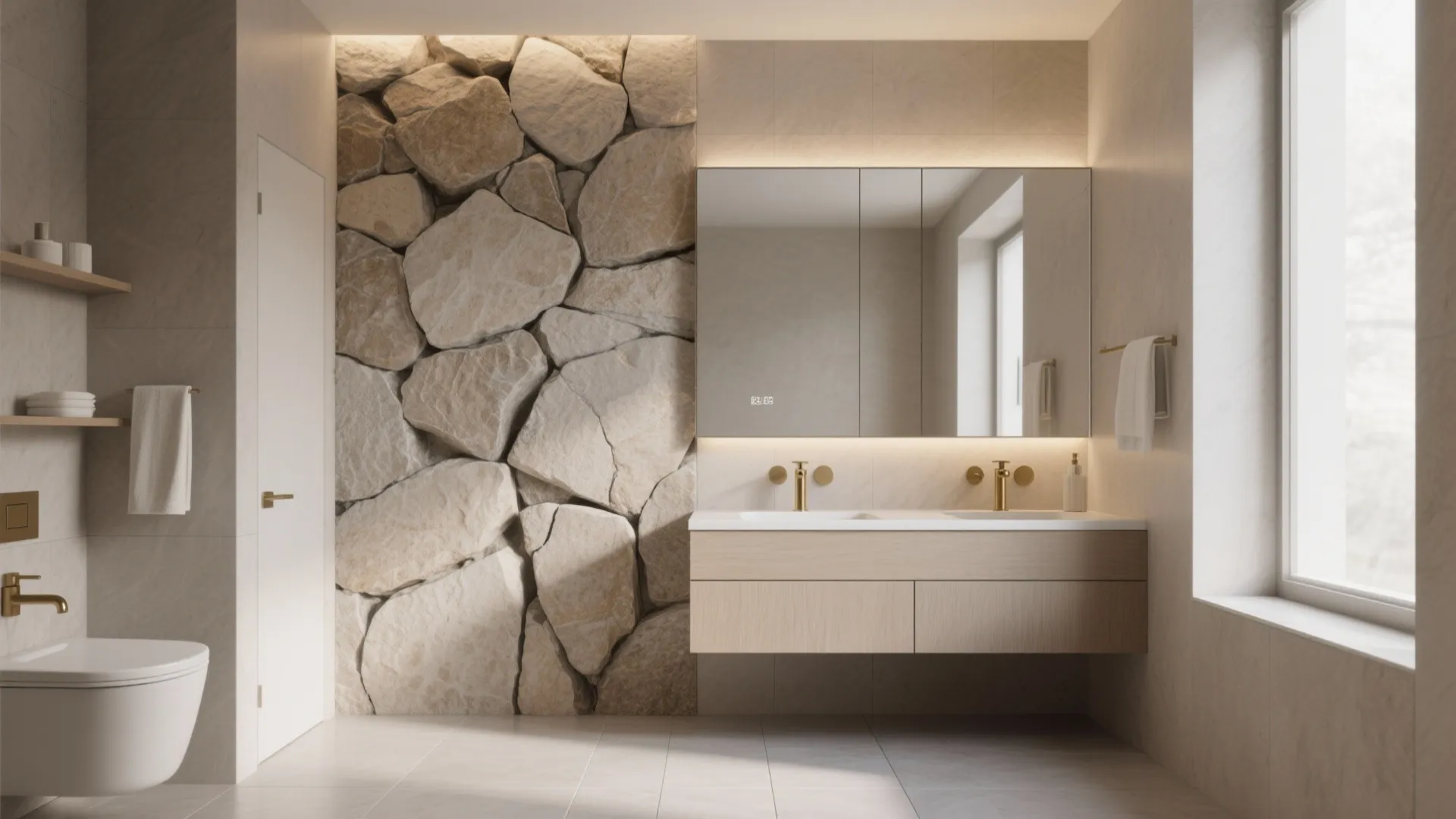 Bathroom vanity wall in textured stone-look porcelain with indirect lighting and matte slip-resistant floor.