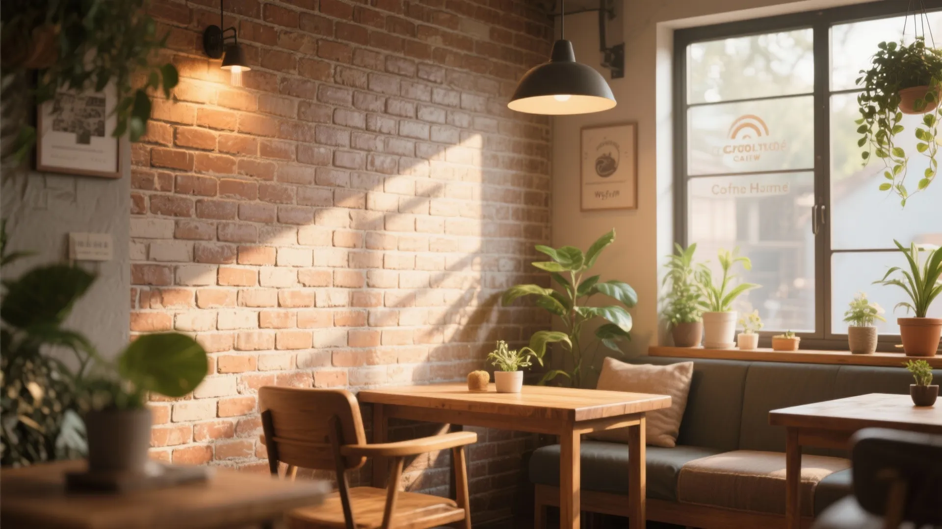 Cozy cafe corner with red brick wall wooden table green plants ceiling light and large window
