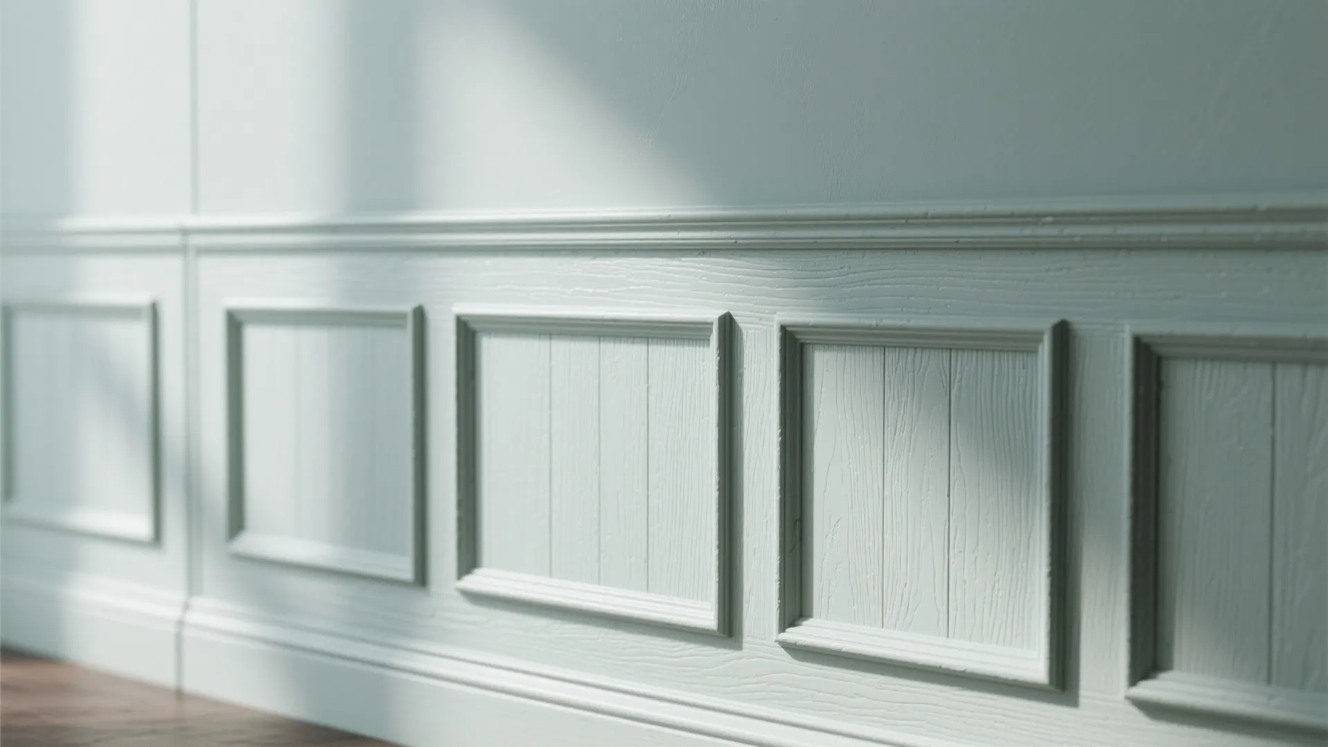 Light blue wall panels with visible wood grain texture shown under soft natural sunlight indoors