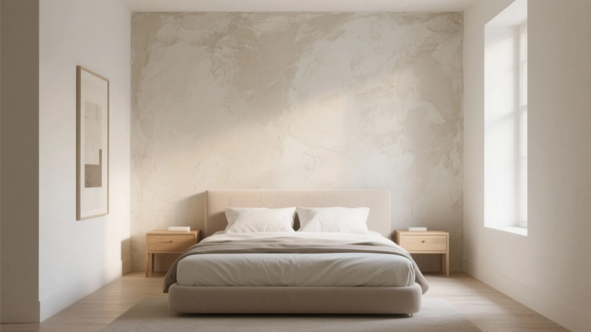 2) Textured accent wall: limewash, slats, or panels that double as a headboard