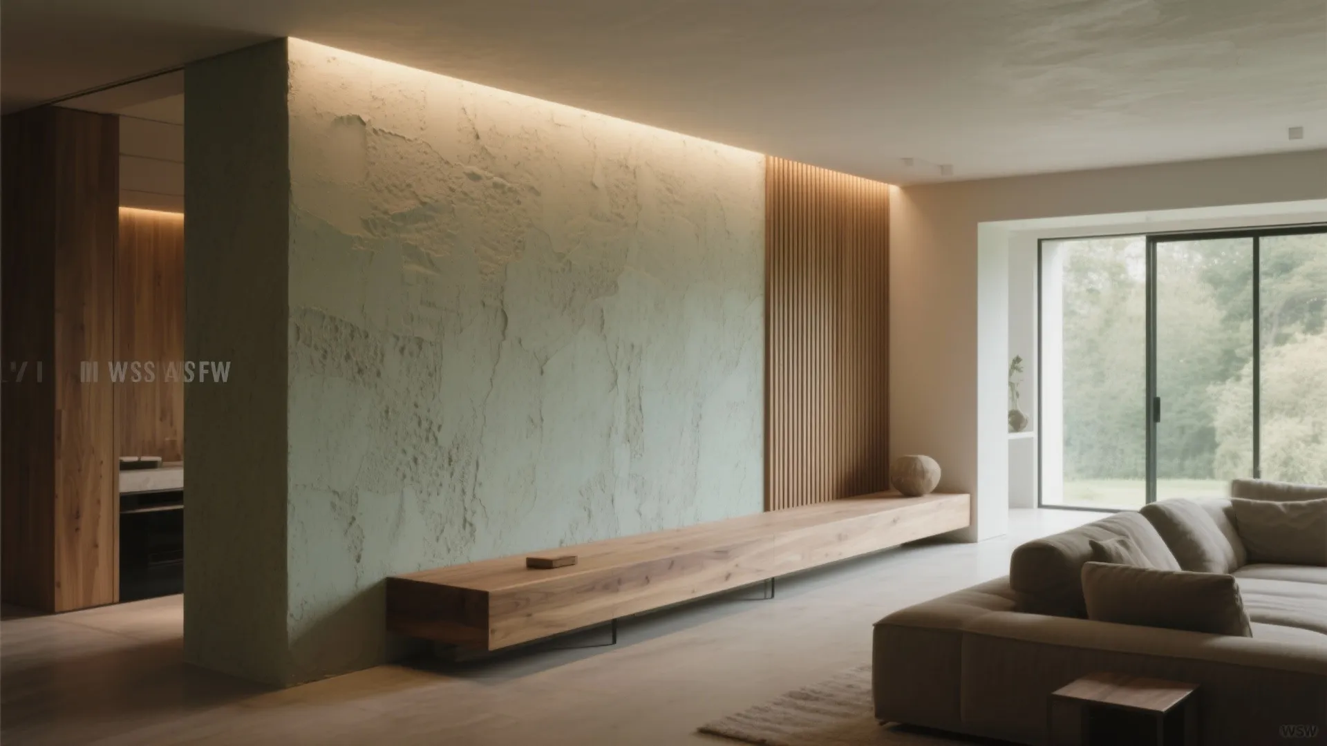 Layered textured feature wall in a long living room, with limewash, microcement, and oak slats lit by cove lighting.
