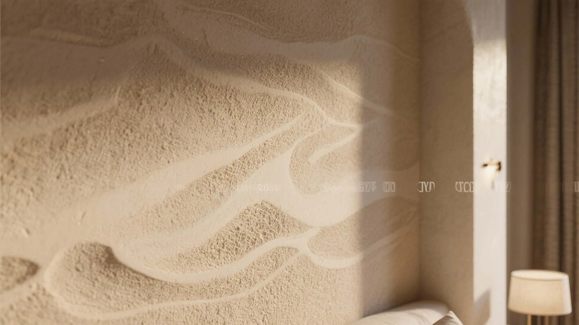 Close-up of a textured beige wall panel with wavy patterns and warm light from wall lamp