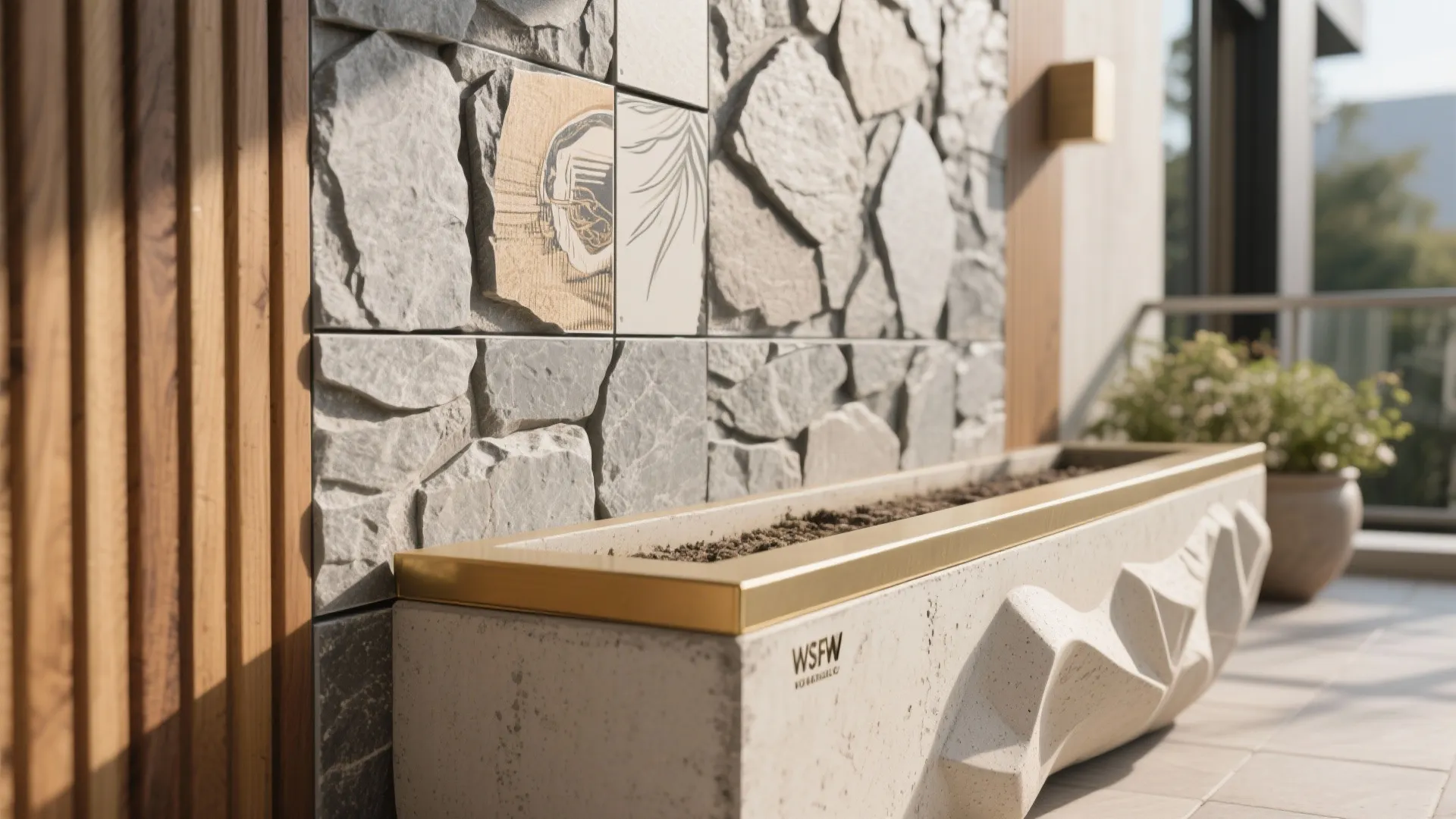 Close up of balcony stone wall design with a modern concrete flower box and sunlight