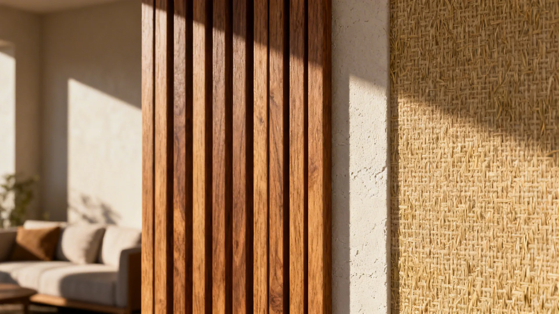 Close-up of wood slats and grasscloth wallpaper showing tactile texture and warm tones