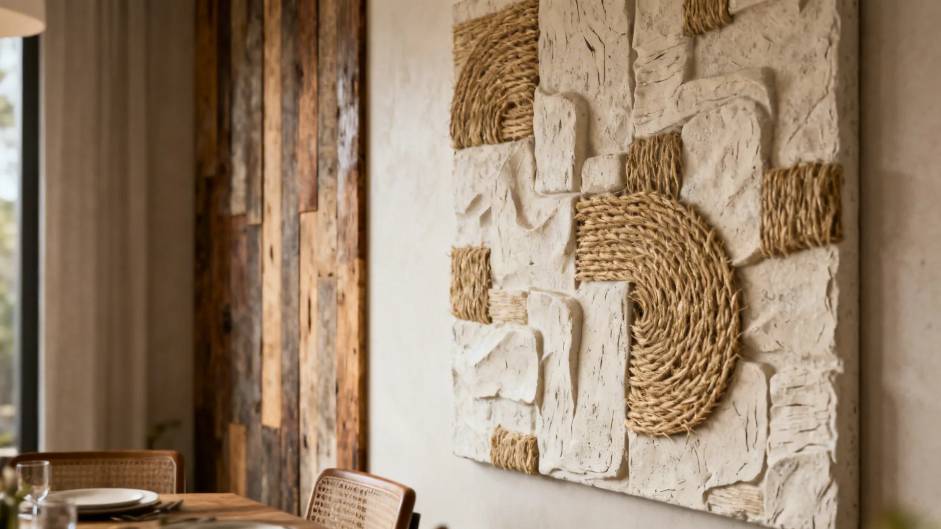 Close-up of textured wall sculpture and reclaimed wood panels adding depth to a dining area.