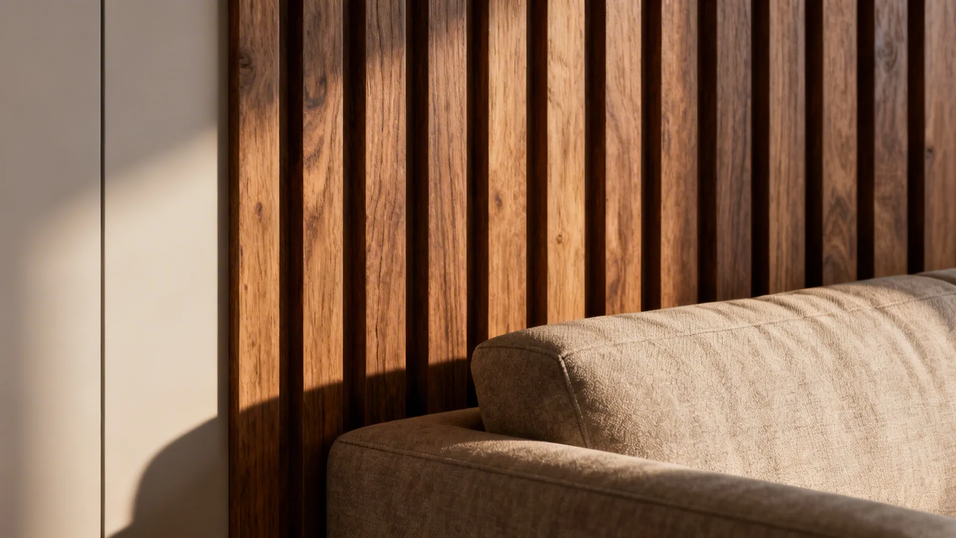 Vertical wooden wall panels behind a beige sofa in a living room with natural sunlight