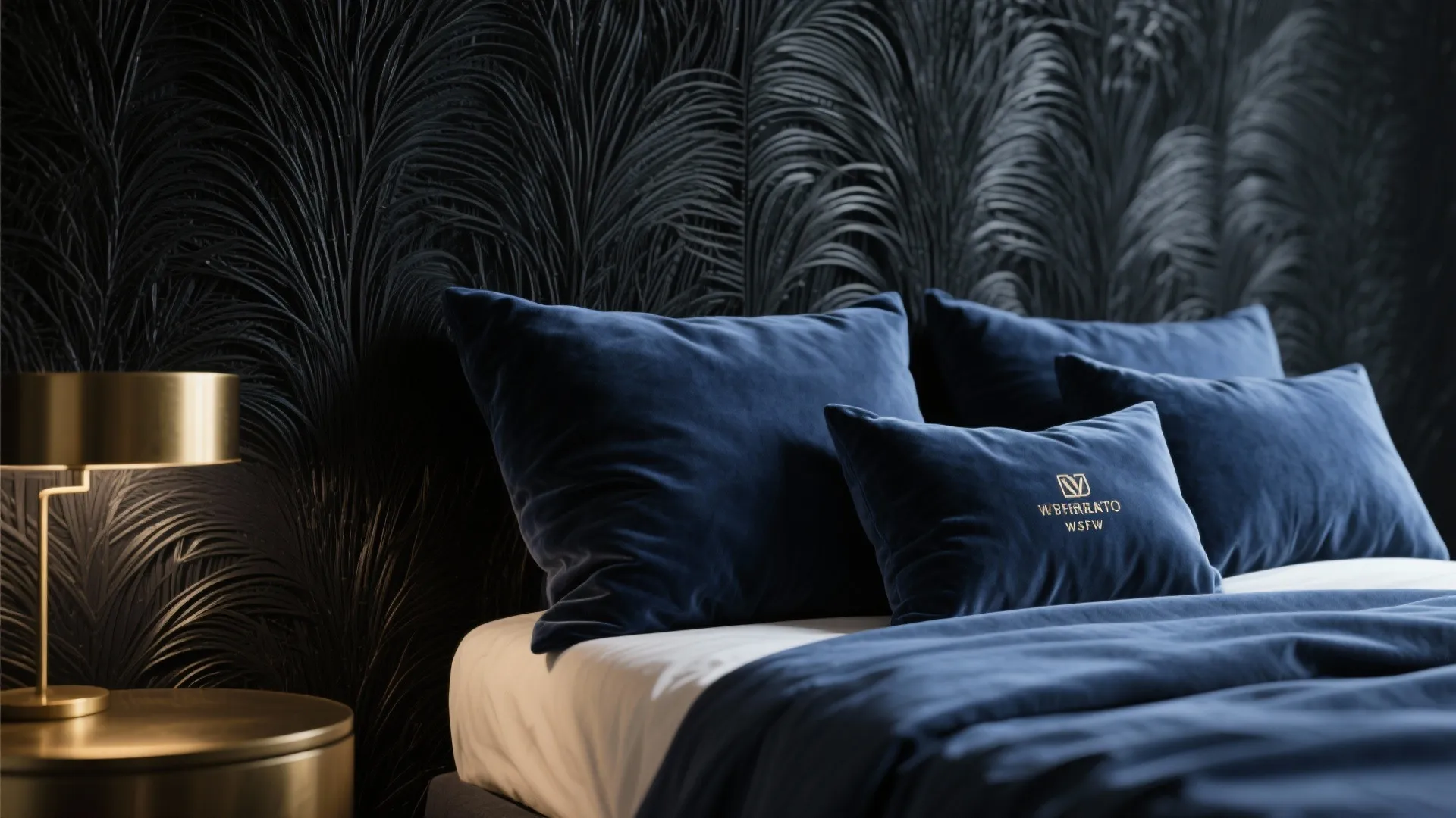 2. Textured Black Wallpaper and Blue Linens