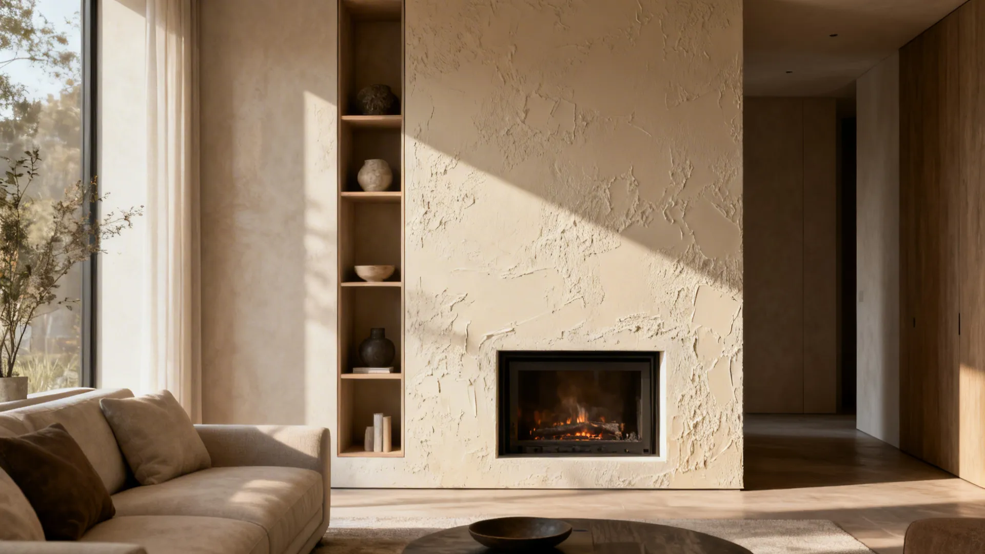 Textured accent wall with slim built-in shelving and recessed niches in a small living room.