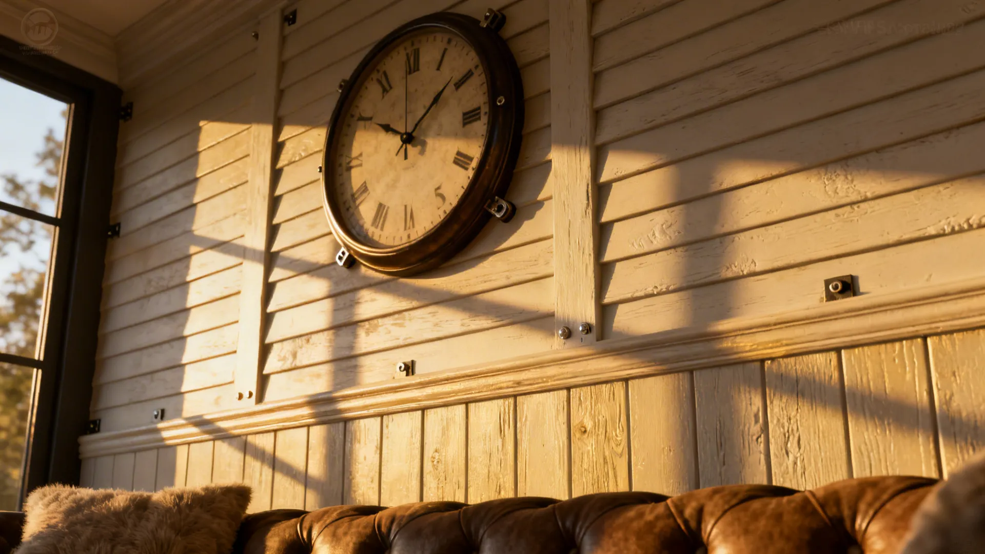 Oversized clock mounted on a textured shiplap wall creating layered depth