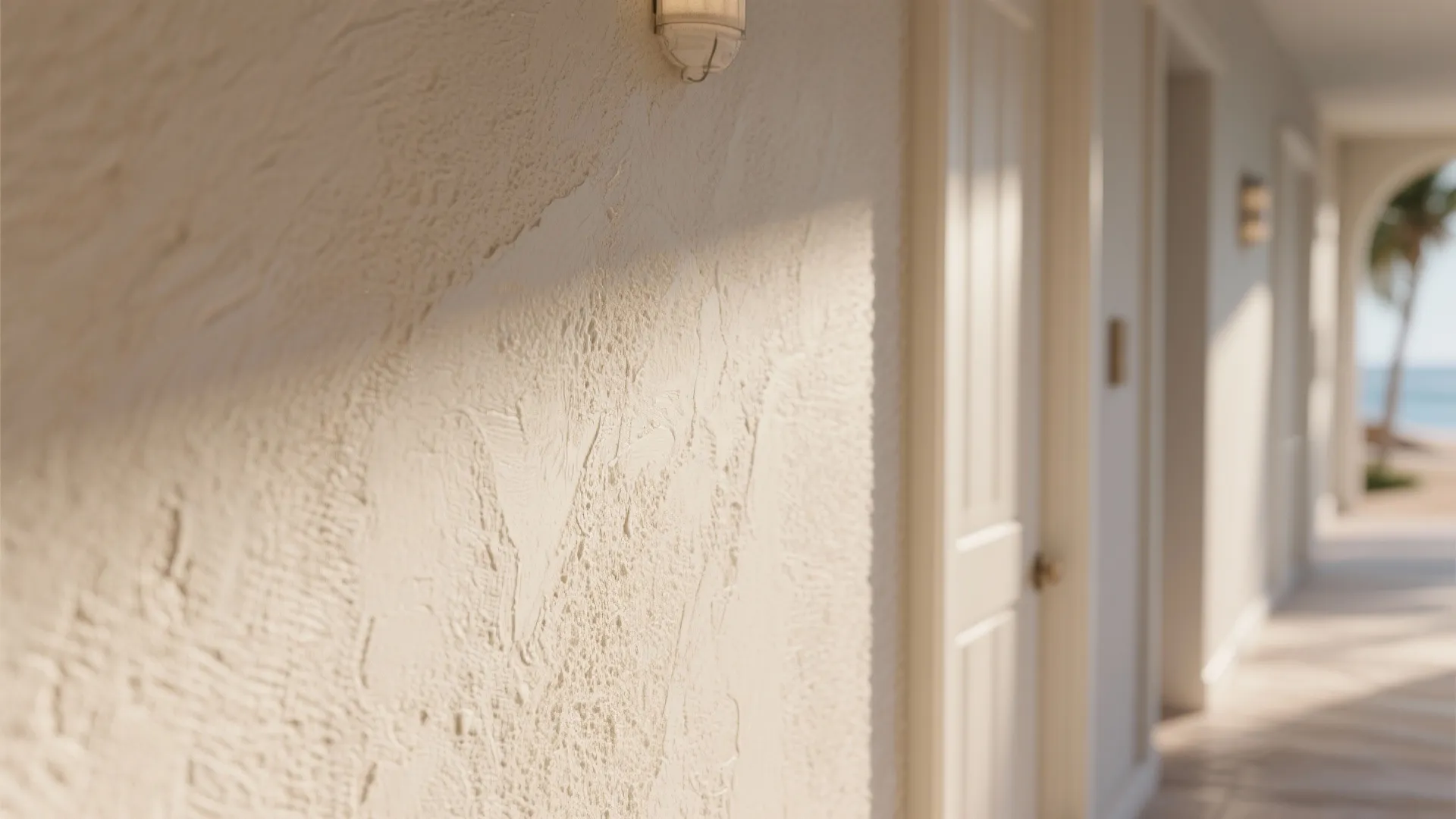 Close up of cream textured wall surface in a hallway with natural sunlight and shadows