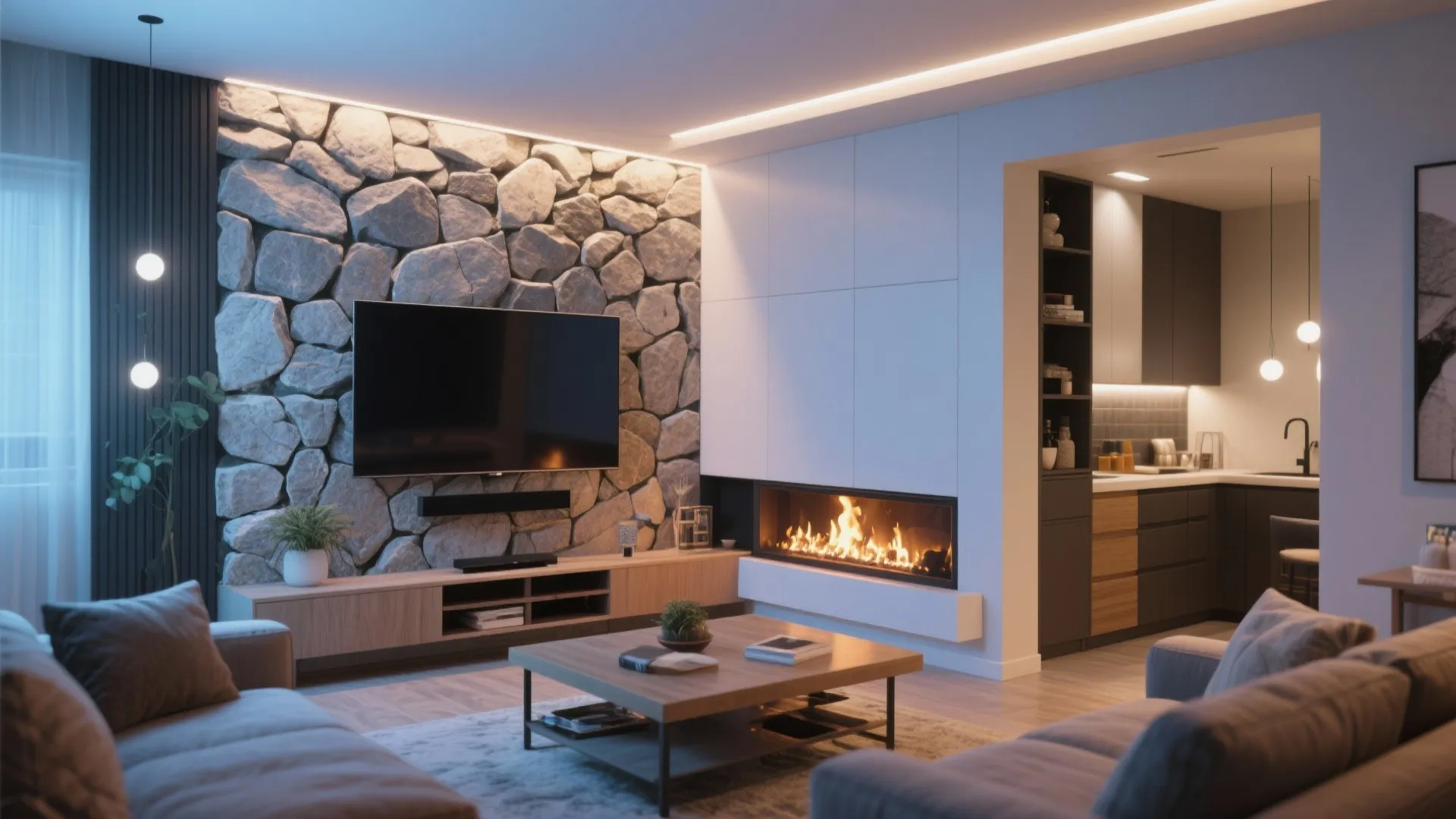 Living room with stone wall a mounted television a long fireplace and open kitchen layout