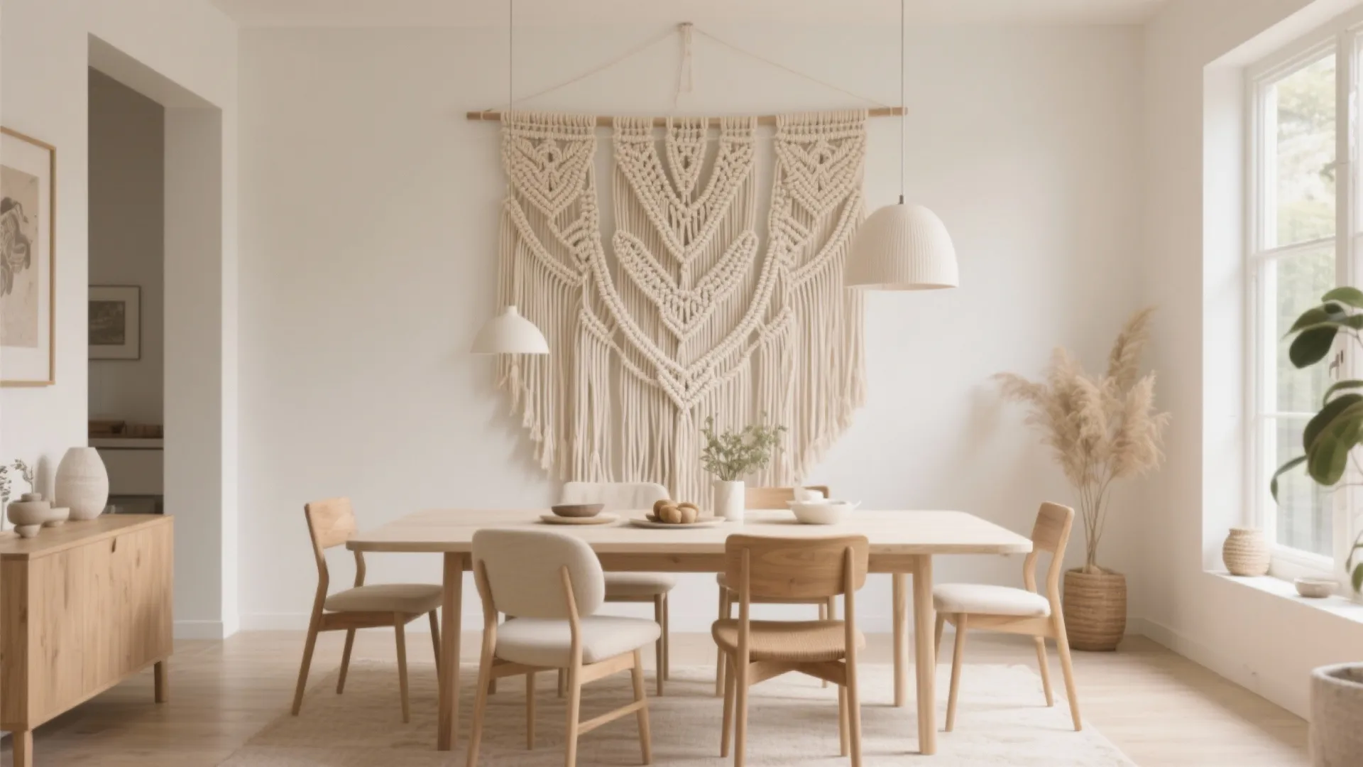 Bohemian dining area featuring large woven wall hanging beige chairs and wooden table with light fixtures