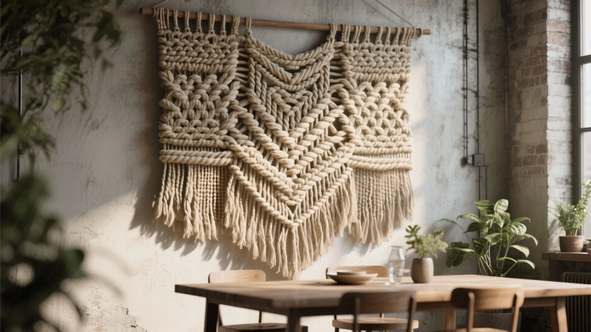 Large woven rope wall hanging decoration above a wooden dining table in a rustic room