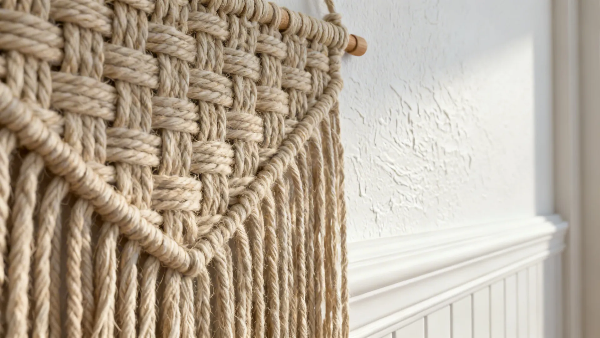 Close-up of a woven wall hanging and 3D wall panel texture on a white wall.
