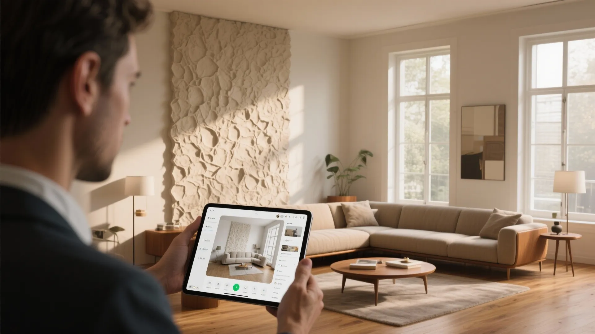 Person holding tablet showing interior design app in front of a living room with wall