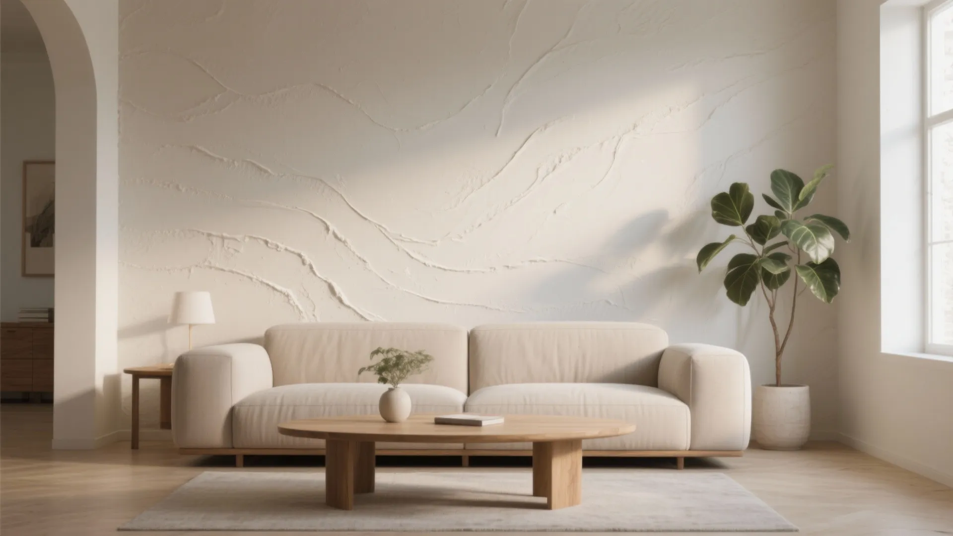 Minimalist living room with cream sofa, textured wall, wooden coffee table, and green potted plant
