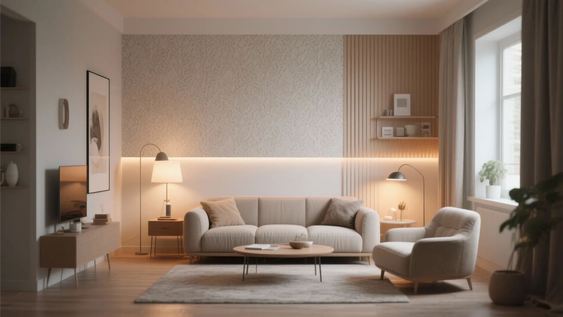 Modern warm living room with beige sofa wood wall panel floor lamp and soft interior lighting