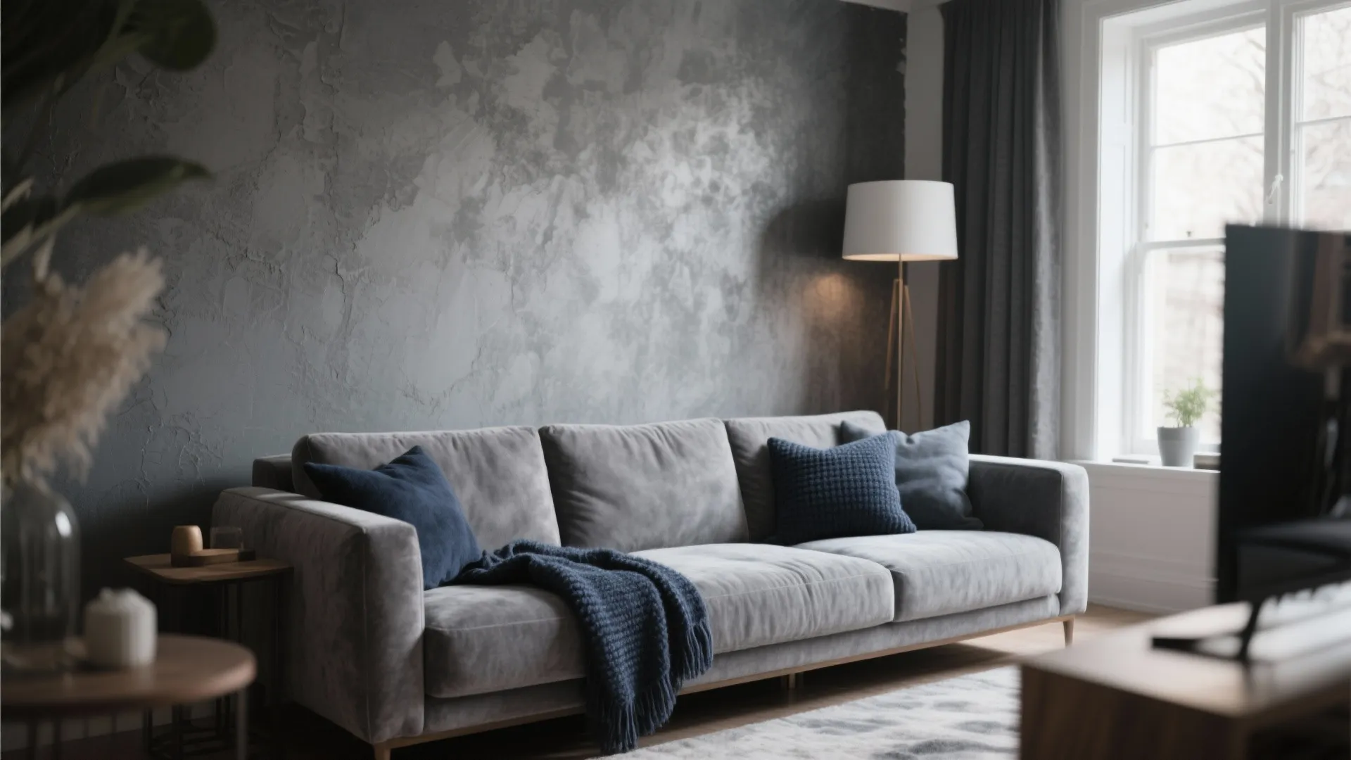 9. Textured Grey Walls with Soft Navy Throws