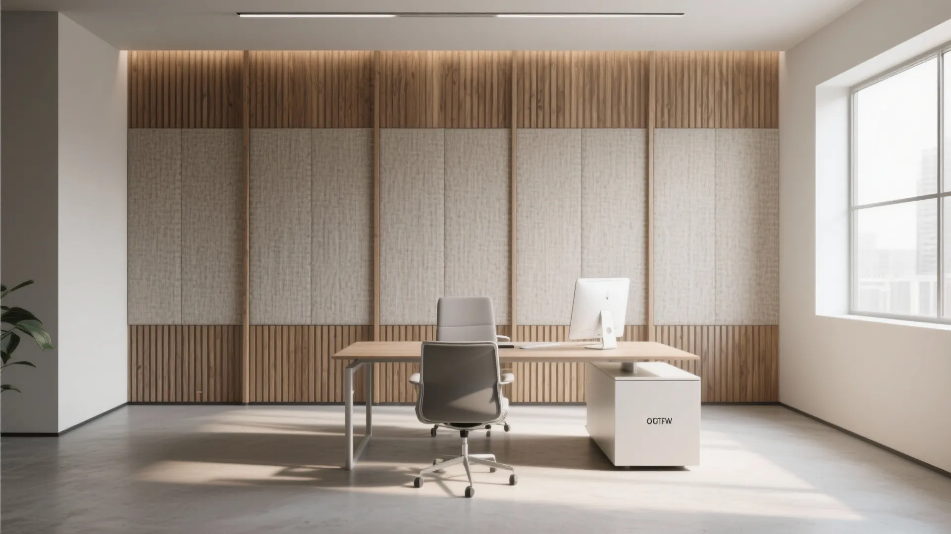Minimalist office room with wooden wall panel fabric panels wooden desk and white computer chair