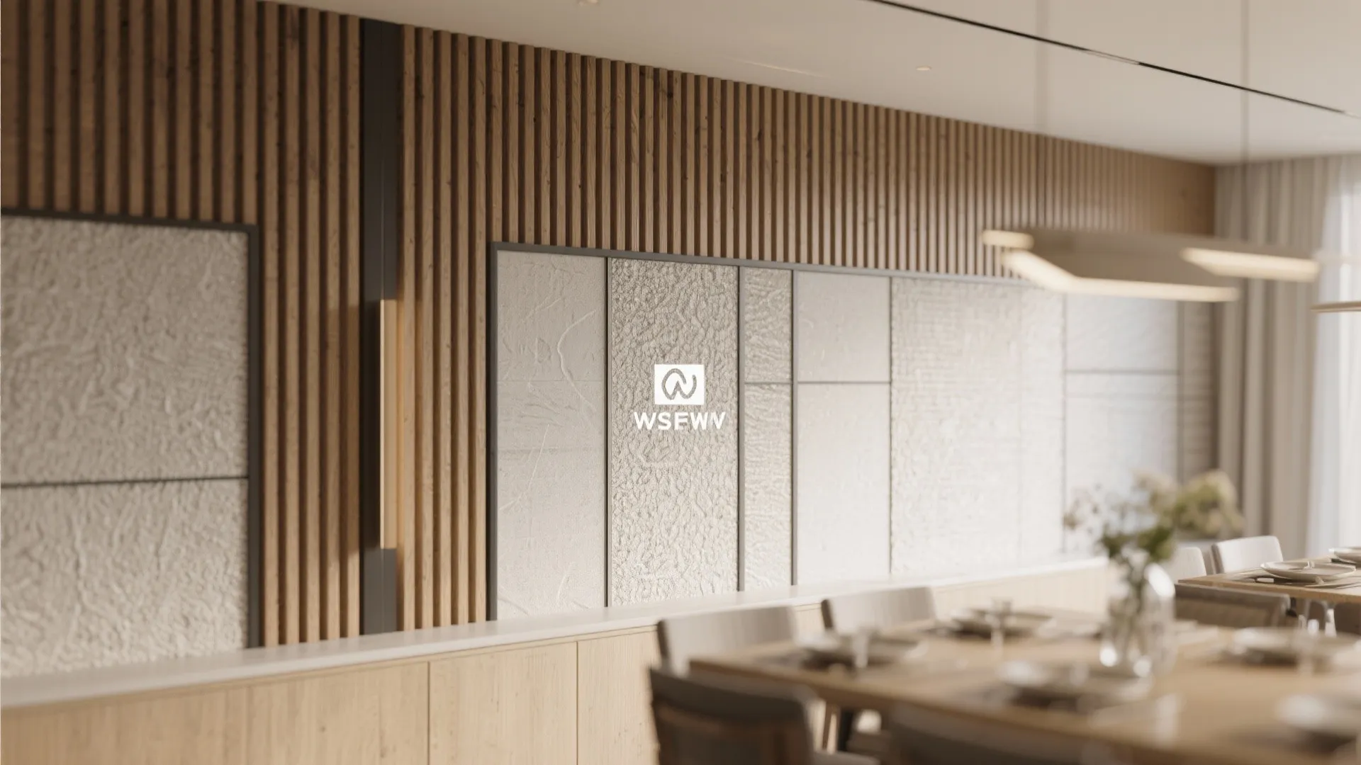 Modern dining area featuring vertical wood wall panels and textured stone decor with warm lighting