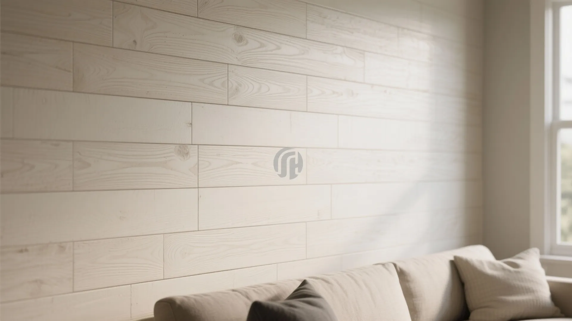 Light wood wall panel design behind a beige sofa in a bright and airy room