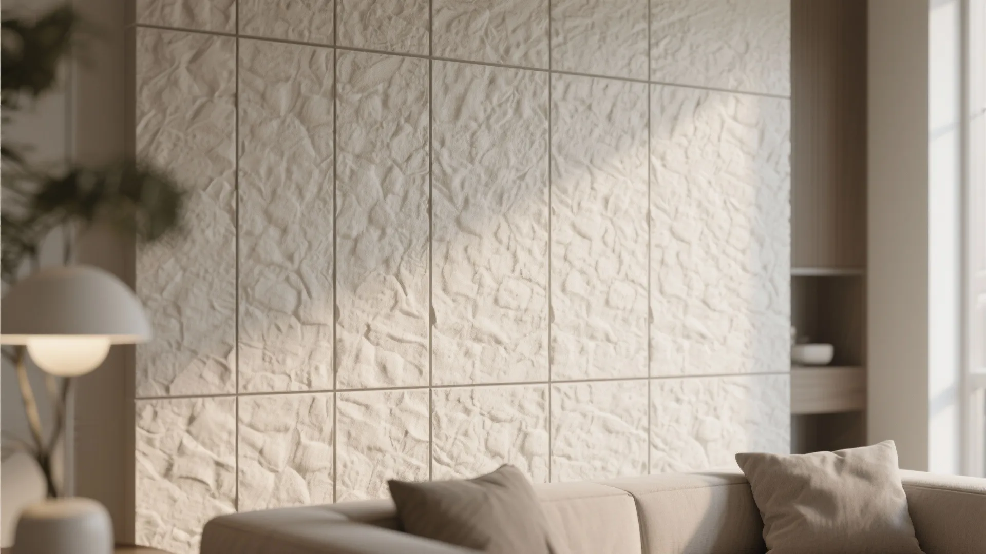 Close-up of neutral textured wall panels in a cozy living room