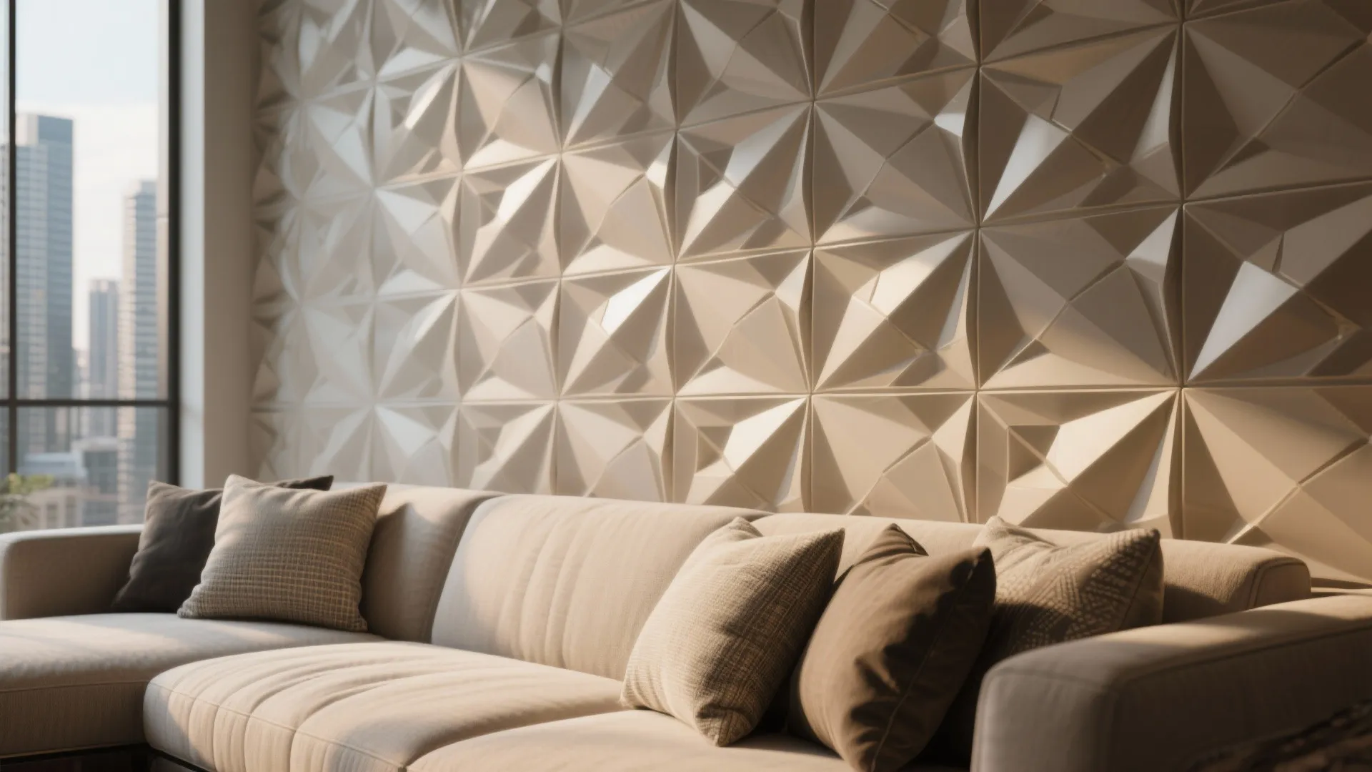 Modern living room featuring a geometric white wall panel behind a beige sofa with cushions
