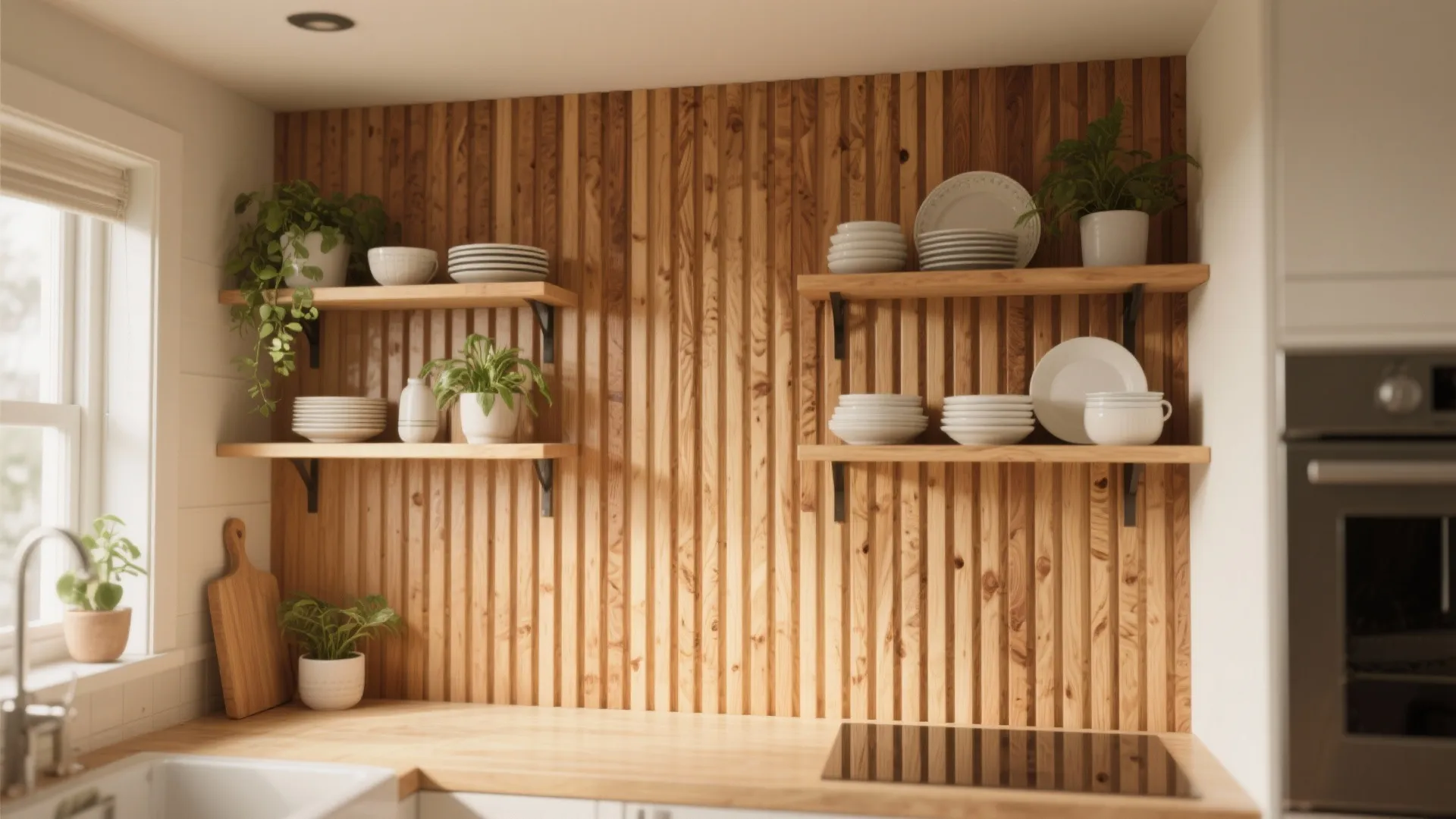 Kitchen interior featuring vertical wooden wall panels with floating shelves holding white dishes and plants