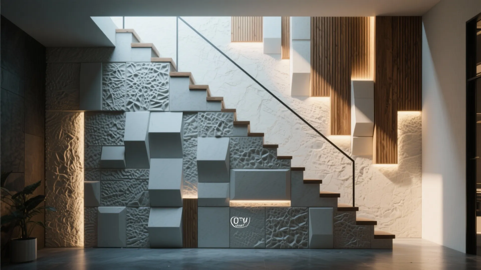 Modern staircase featuring decorative textured wall panel with hidden warm lights and light wood steps design