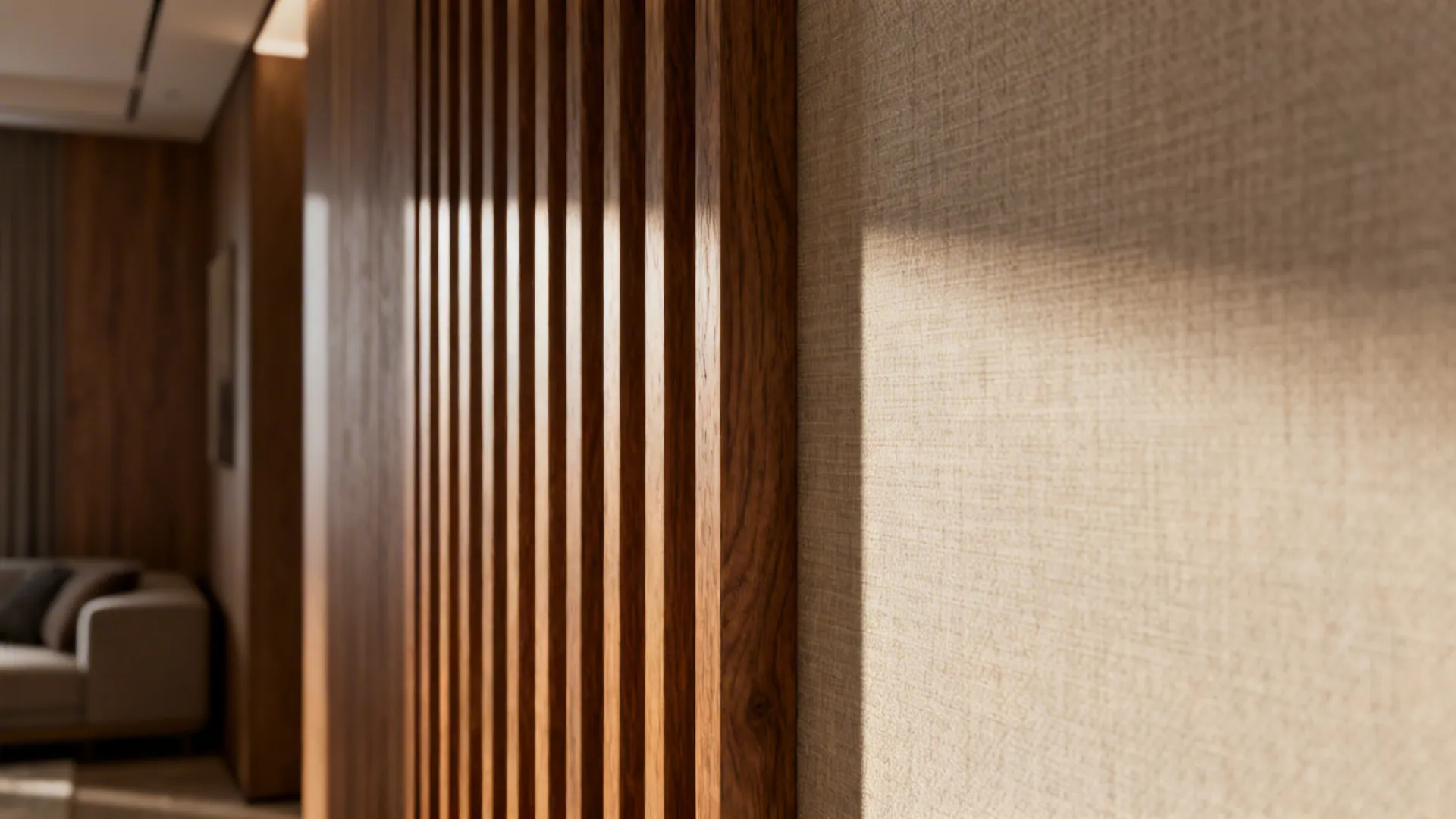 Close up of vertical wooden wall panels next to a beige textured wall with natural sunlight