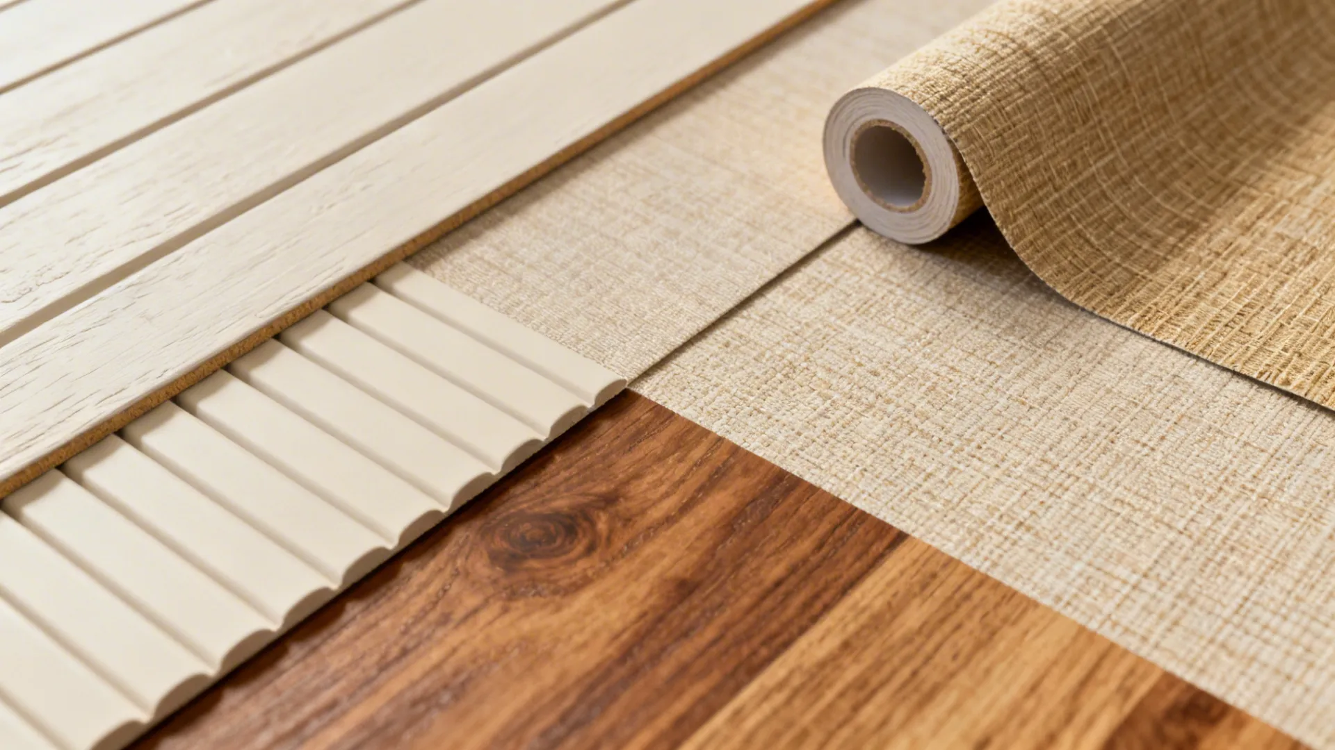 Samples of shiplap, beadboard and peel-and-stick grasscloth showing texture options for small rooms.