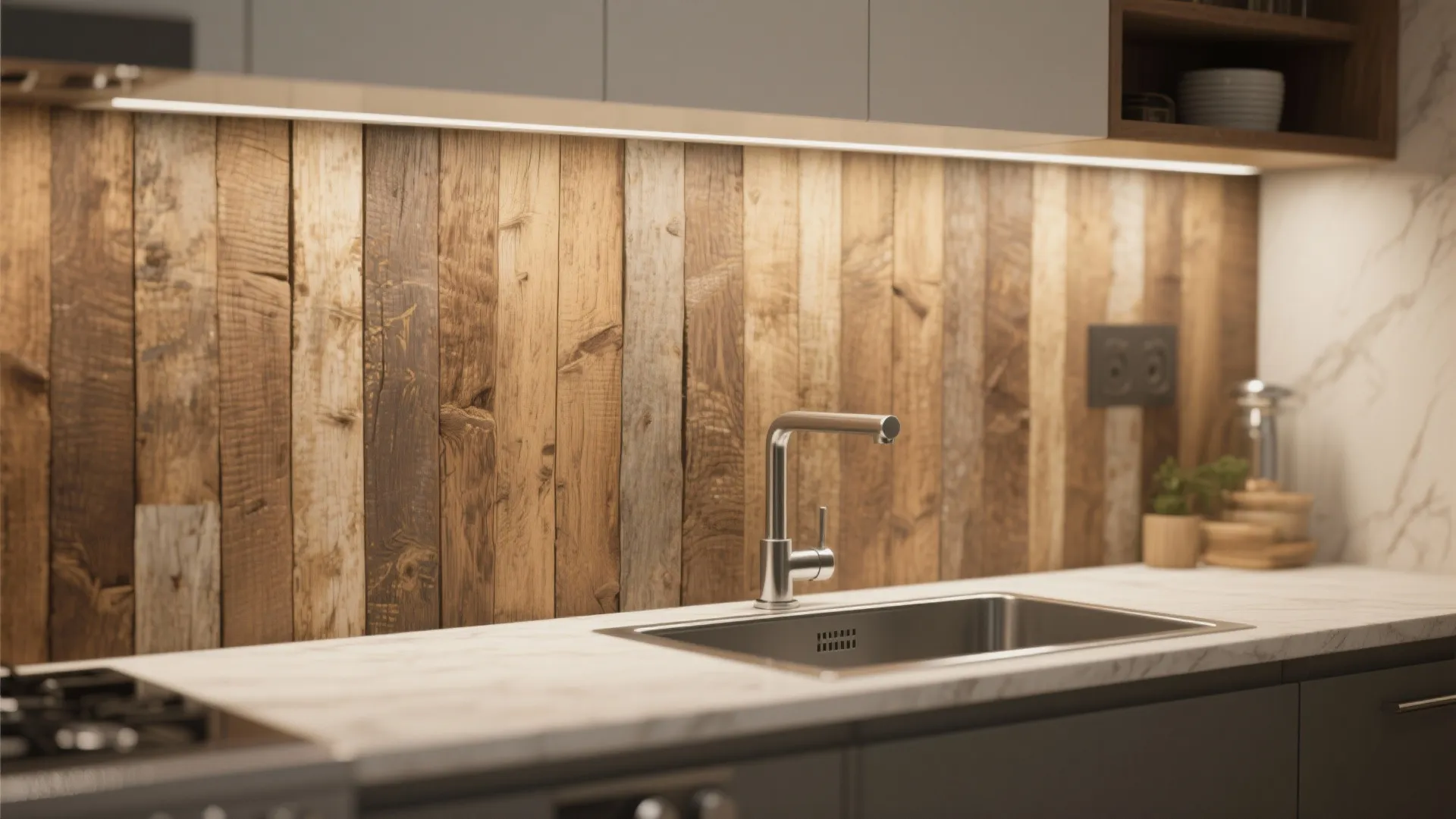 Kitchen sink with silver faucet and white marble countertop set against a rustic wood wall