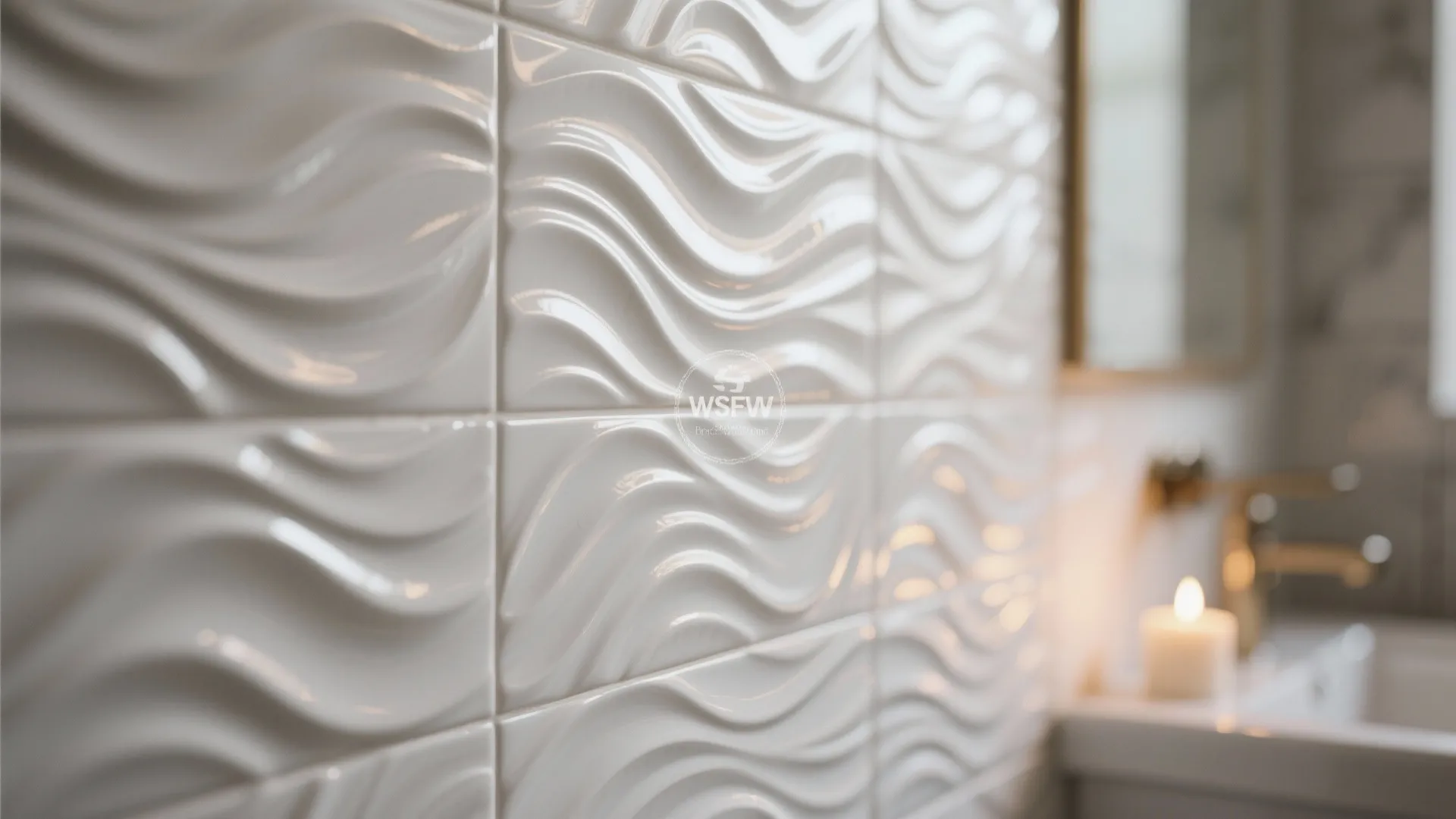 Close up of white wall tiles with wavy texture design in a modern bathroom setting