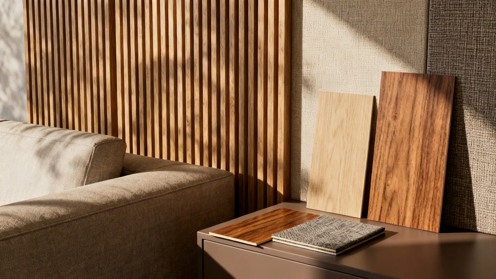 Detailed view of vertical wood slats and acoustic fabric panels adding warmth and texture.