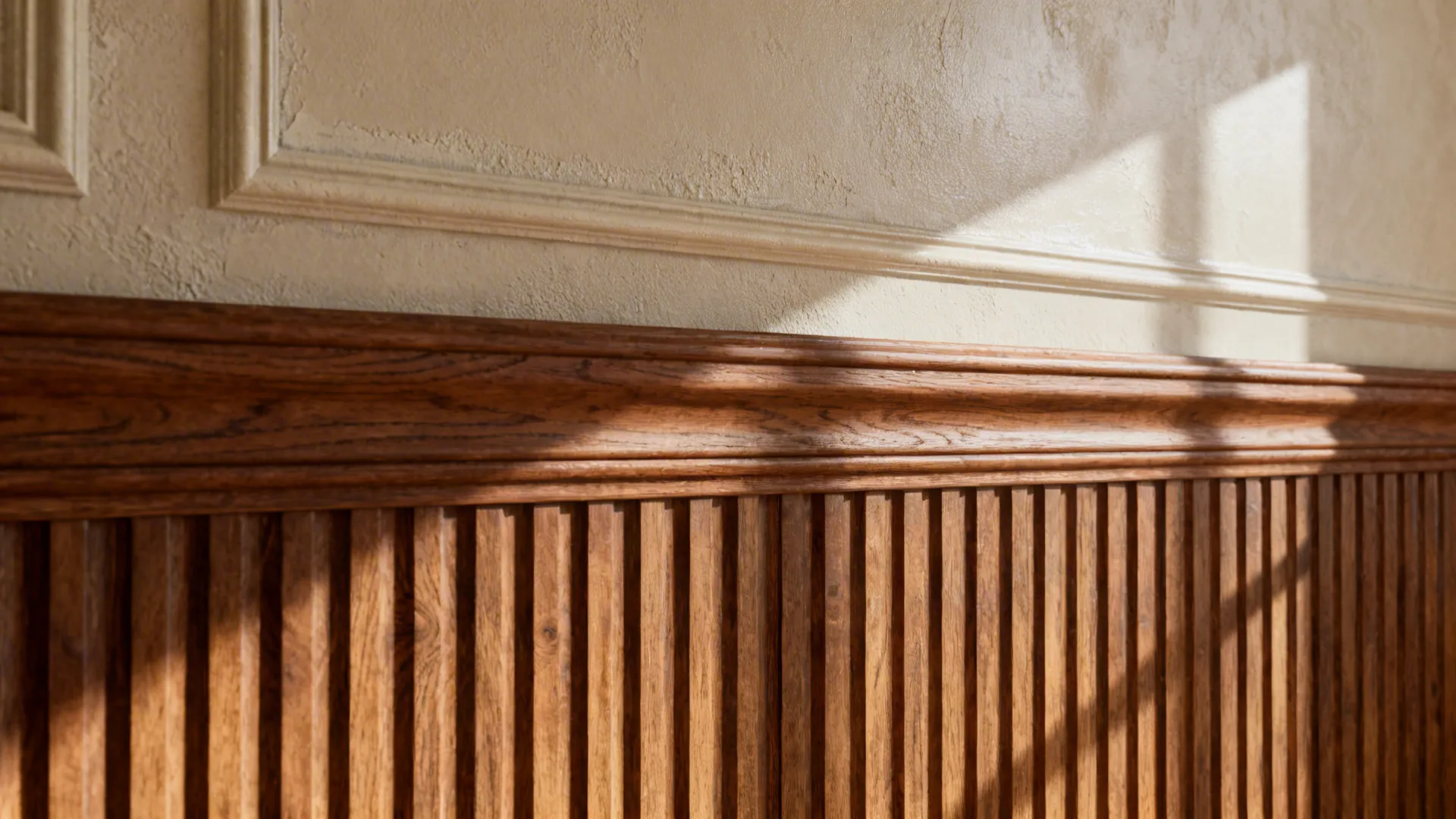 Close detail of ribbed wood panels and Venetian plaster used as textured wall treatments.