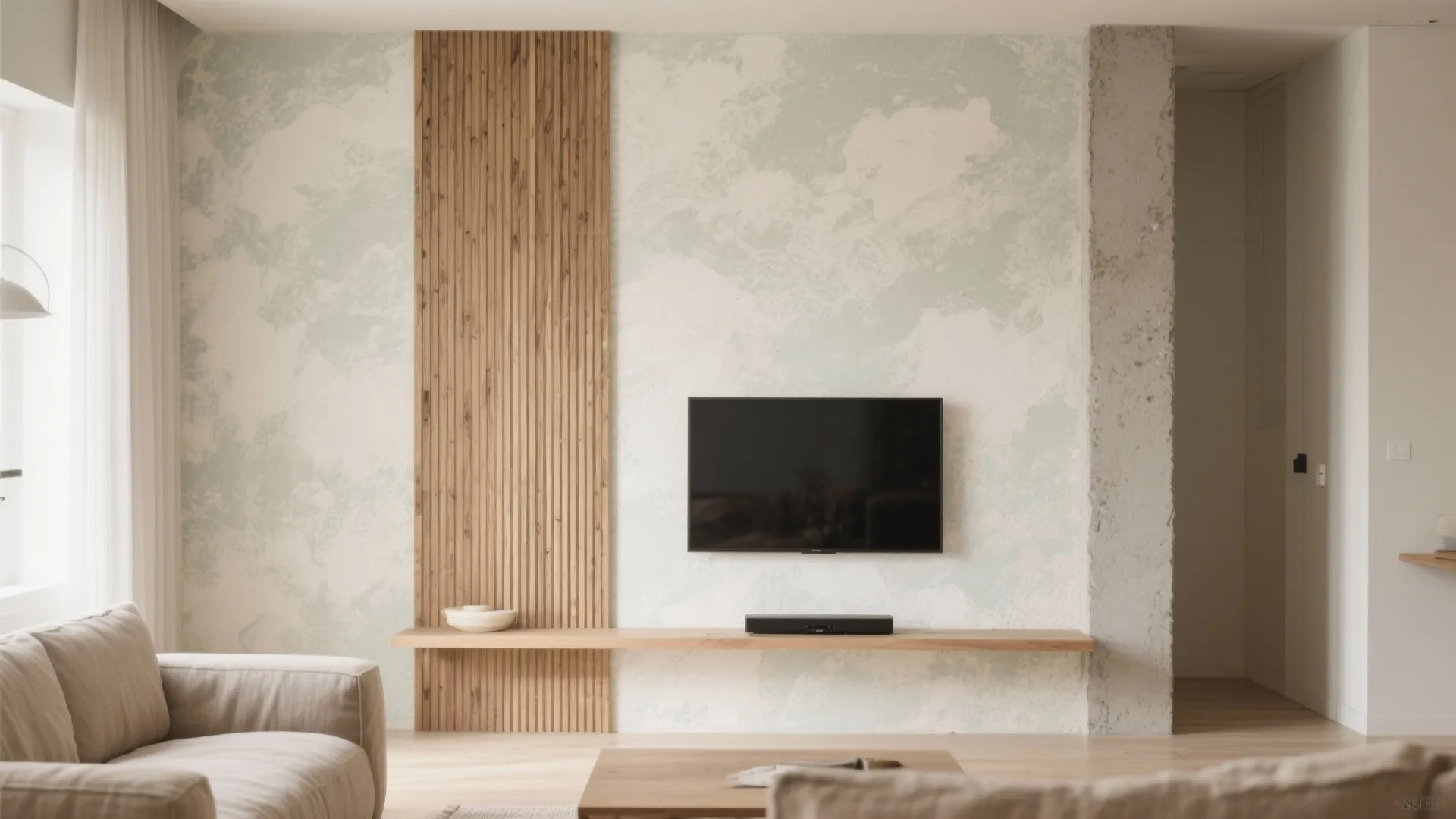 3) Textured wall treatments: limewash, microcement, or slat wood