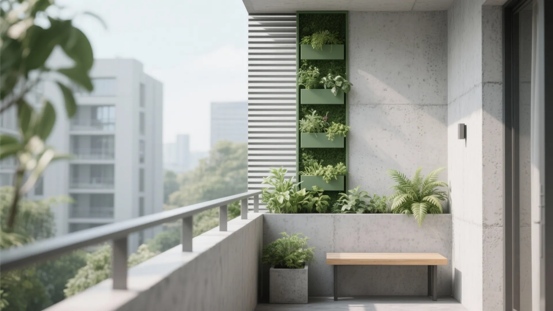 Modern balcony design featuring a vertical green wall with plants and a simple wooden bench