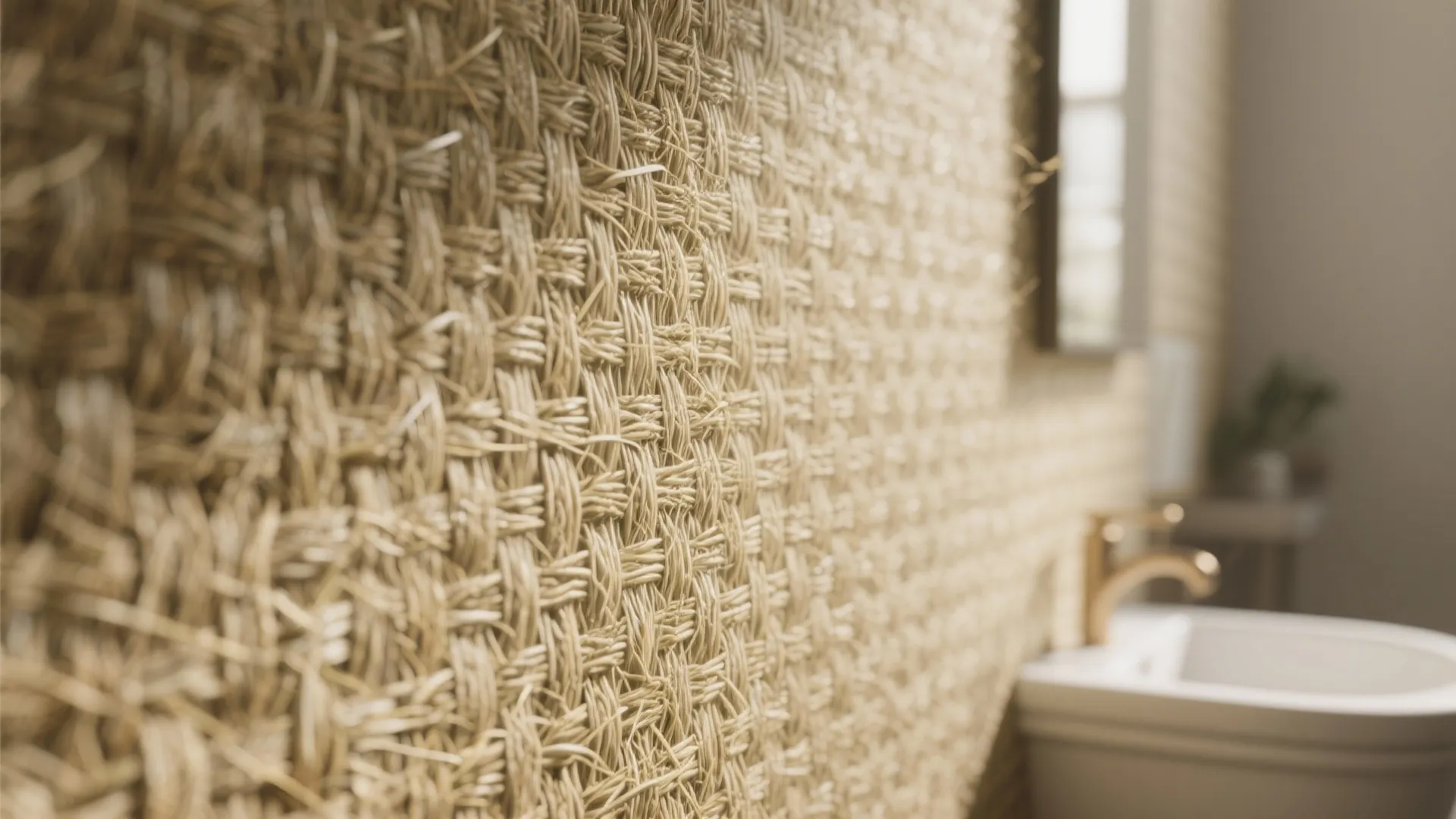 Close up view of natural woven straw wallpaper texture in a bright bathroom near the sink