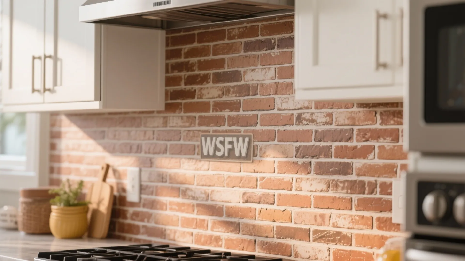 Close-up of peel-and-stick faux brick wallpaper in a kitchen