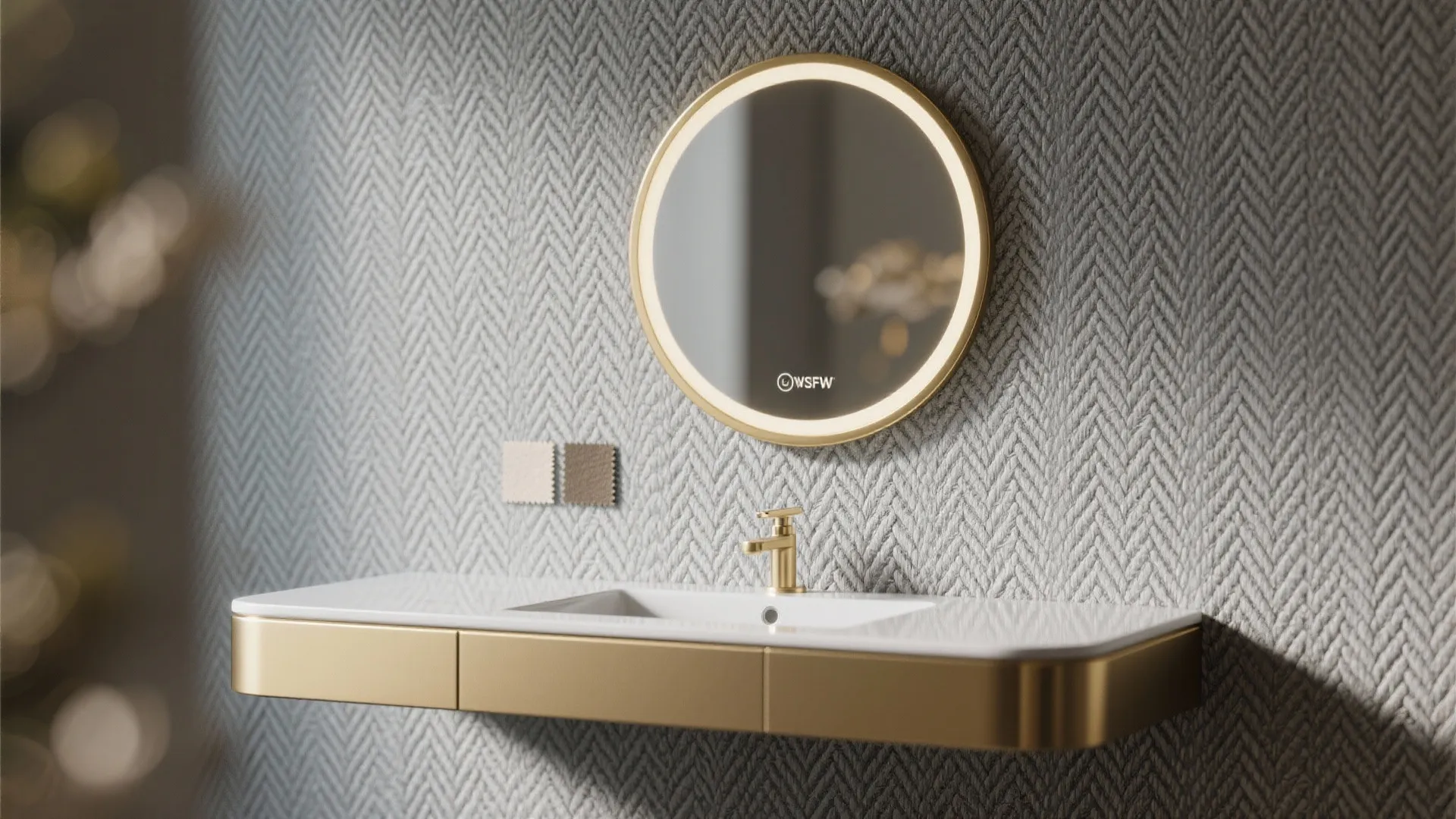 4. Textured Grey Wallpaper Behind the Vanity