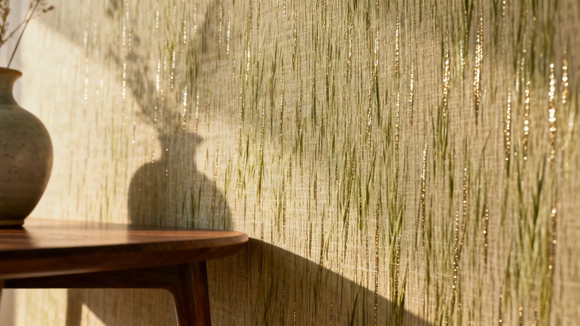 Grasscloth wallpaper with subtle metallic threads catching warm daylight.